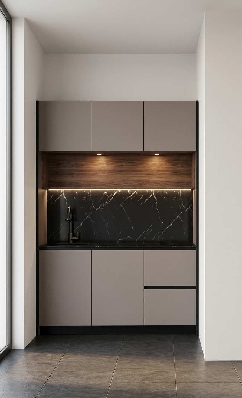 A straight-on architectural photograph of a modern built-in coffee station nestled inside a clean wall nook, maintaining the exact structural layout, geometry, and composition of the scene. The upper and lower cabinet fronts are rendered in a smooth, ultra-matte muted taupe-gray finish, trimmed with crisp matte black edges and details. An open central recessed shelf features a rich, dark walnut wood grain interior that contrasts subtly with the surround. Below the shelf, a polished black marble backsplash with delicate, natural white veining extends down to the matching dark countertop, featuring a sleek matte black faucet on the left. Soft, warm strip lighting tucked beneath the upper shelf illuminates the backsplash and countertop with an inviting 2800K glow, casting gentle downward shadows and soft specular reflections across the marble surface. The floor is lined with dark ceramic square tiles with crisp grout lines that catch subtle reflections from the ambient warm light. Shot on a 50mm tilt-shift lens at eye level, the image highlights authentic material textures—tactile laminate, fine wood grain, honed stone, and smooth powder-coated metal—enhanced by mild natural vignetting and micro-surface details that read as a genuine photograph.