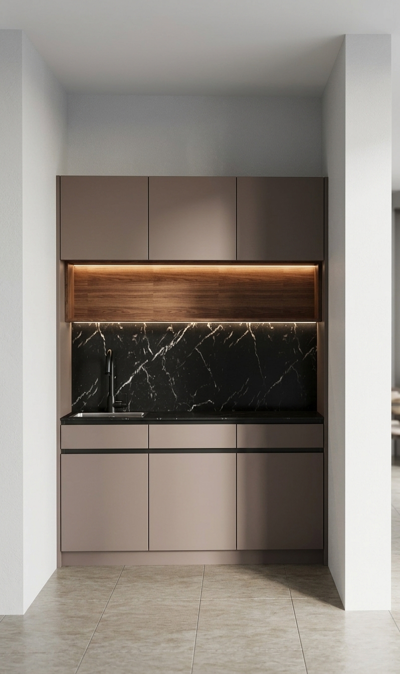 A professional architectural interior photograph of a built-in modern coffee station set within a clean drywall alcove, strictly preserving the original straight-on composition, geometry, and camera angle. The seamless upper and lower cabinet doors feature a smooth, ultra-matte muted taupe grayish-brown finish, accented by thin matte black edge profiles and matching dark reveal lines. Nestled between the cabinets, the open horizontal niche showcases warm, rich walnut wood veneer with realistic, natural grain micro-textures. The backsplash is crafted from polished black marble with delicate, authentic white veining that catches subtle, soft reflections. A sleek matte black swan-neck faucet and low-profile sink rest on the dark countertop. Warm, inviting LED strip lighting concealed beneath the upper cabinet casts a soft golden 2700K glow across the wooden shelf and marble surface, generating gentle contact shadows. Shot with a professional full-frame camera lens at a medium aperture, displaying refined interior lighting, subtle material physics on matte and glossy surfaces, and faint natural vignetting toward the corners.