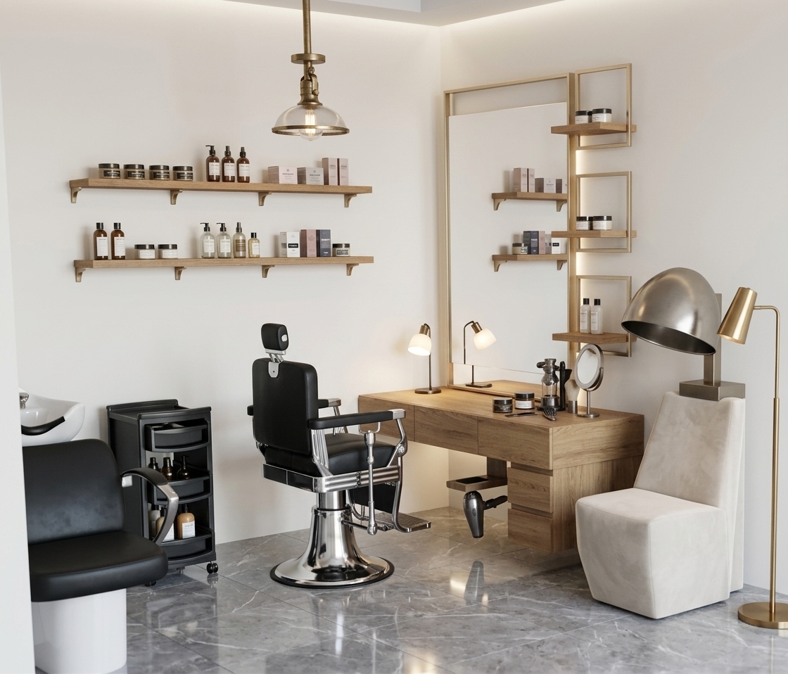 An incredibly lifelike, richly detailed, photorealistic interior photo of a luxury boutique salon set in a refined modern interior. The scene is illuminated by soft, light-filled ambient daylight and warm warm-white accent lighting, creating a sophisticated and tranquil atmosphere. Captured with a 35mm tilt-shift lens at eye level, emphasizing the polished gray marble floor, rich matte-black leather upholstery, and brushed champagne metal accents. 

Against pristine walls painted in shades of warm white and pearl, a sleek oak vanity desk with built-in storage sits beneath a grand mirror framed in slim champagne gold metal. Perched centrally is a beautifully tailored vintage-inspired barber chair in supple black leather and polished chrome, anchored beside floating wooden display shelves neatly displaying curated grooming jars and glass bottles. To the right, a sculptural hooded chair stands ready, while the left features a seamless shampoo station and a mobile black storage trolley. The entire room radiates contemporary elegance with clean lines, polished stone reflections, and an understated, balanced sense of luxury.
