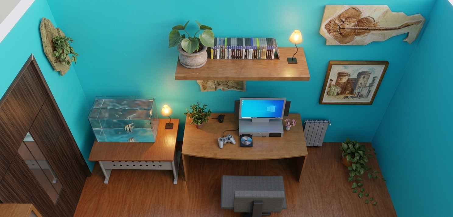 A high-angle photograph captured on a full-frame digital camera during a bright spring midday, keeping the precise layout, isometric perspective, and structural geometry of the scene completely unchanged. Clear spring daylight fills the vibrant teal-painted plaster room, casting soft, natural shadows across the rich, warm wood-grained floorboards and furniture surfaces. The small desk lamps cast a cozy, localized warm tungsten glow that subtly contrasts with the bright ambient daylight. Every material exhibits authentic physical micro-textures: the sleek glass of the fish aquarium displays soft light refractions and gentle water ripples around the swimming fish, the potted foliage features natural organic leaves with detailed leaf veins, the ray fossil mount exhibits rough, eroded stone details, and the wooden desk shows a tactile wood grain with subtle surface wear. The computer hardware, white radiator, and framed artwork carry realistic matte and glossy finishes with tiny dust specks and micro-scratches, while the lens provides sharp overall depth of field with faint edge chromatic aberration, soft grain, and natural vignetting that firmly grounds the rendered scene in physical photographic reality.