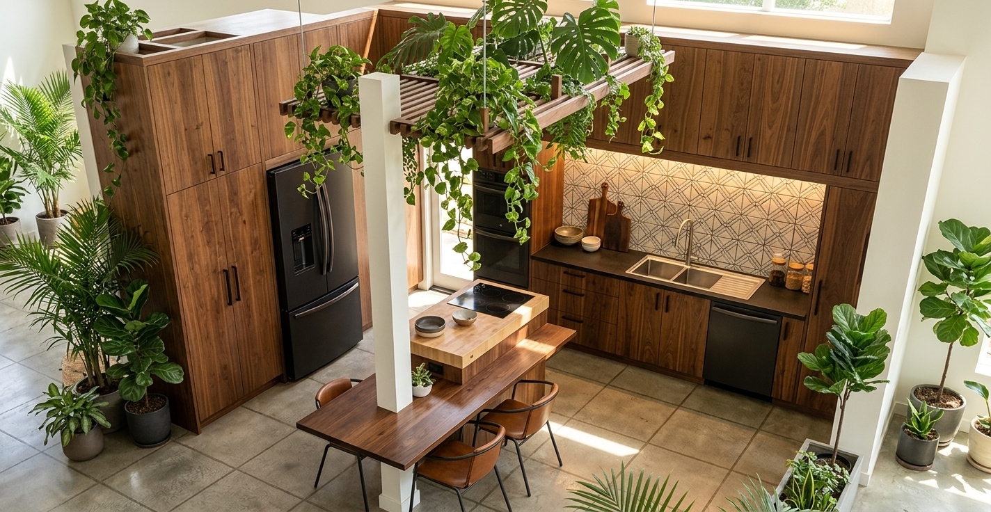 An incredibly lifelike, richly detailed, photorealistic high-angle interior photo of a modern kitchen set in a serene bohemian oasis residence. The scene is illuminated by brilliant, warm midday summer sunlight streaming through unseen windows, creating a bright, airy, and inviting atmosphere. Captured with a 24mm architectural wide-angle lens, emphasizing the rich grain of warm walnut millwork, sleek matte black surfaces, and vibrant leafy textures. Cascading pothos vines and monstera fronds spill poetically from the suspended slatted timber ceiling trellis, while lush, potted paradise palms and fiddle-leaf figs fill the perimeter with natural energy. The space seamlessly integrates full-height wooden cabinetry, modern black built-in appliances, and a polished stainless steel double sink set against an intricate geometric backsplash. Below, an extended dark dining counter with minimalist seating anchors the room alongside a central white column and a butcher-block cooking island, offering a harmonious blend of organic warmth and refined modern architecture.