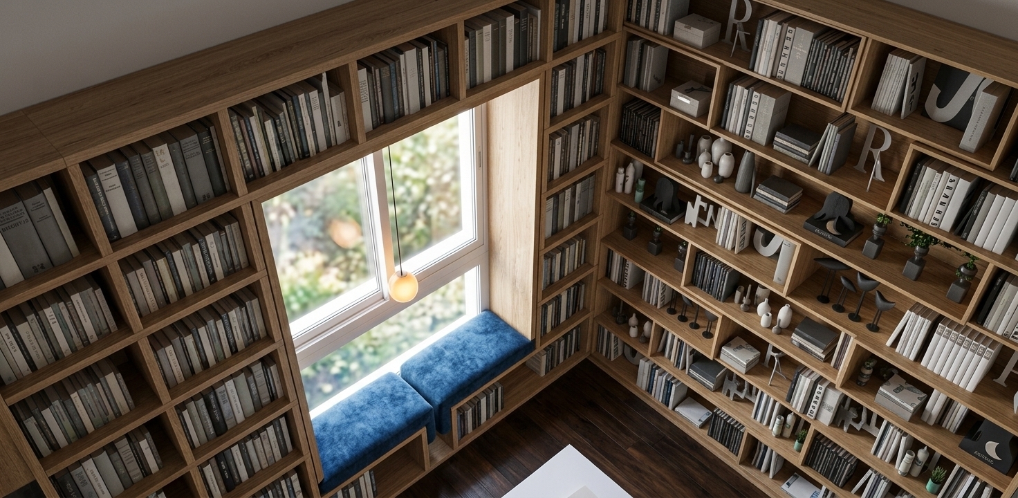 An incredibly lifelike, richly detailed, photorealistic high-angle interior photo of a cozy reading nook set in a minimalist study room. The scene is illuminated by soft, diffused daylight pouring through the window paired with the warm, amber glow of a spherical pendant light, creating a serene, calm, and contemplative atmosphere. Captured with a wide-angle architectural lens, emphasizing the natural wood grain of the custom oak shelving, the rich texture of the plush, deep blue upholstered window seat cushions, and the smooth dark wood flooring below. Wraparound floor-to-ceiling built-in bookcases encompass the window seat, expertly styled with curated photography books, ceramic vases, abstract decorative accents, and minimalist sculptures in shades of white, gray, and deep charcoal. The sleek, clutter-free design seamlessly merges functional storage with modern elegance, crafting a perfectly balanced, Zen-inspired haven.