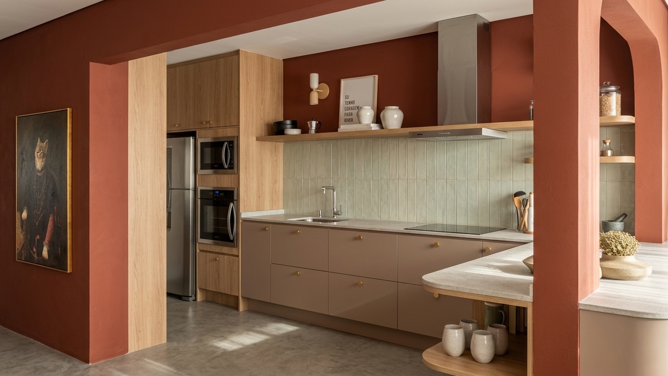 A high-resolution interior photograph captured on a bright spring midday, illuminating the entire kitchen layout with warm, natural daylight and realistic material physics. Soft daylight pours across the space, creating gentle ambient light bounce off the smooth matte deep-terracotta walls and casting soft, diffuse shadows beneath the light oak wood cabinetry and open shelving. The light oak features visible wood grain with a subtle satin sheen, complementing the muted dusty-maupe lower cabinets fitted with small, brushed brass knobs that catch soft specular highlights. The pale sage-green vertical subway tile backsplash displays realistic glaze inconsistencies, fine grout lines, and subtle reflections. Brushed stainless steel appliances—the built-in microwave, wall oven, and refrigerator—show light brushed-metal micro-textures and subtle handling smudges. The dark charcoal counter surfaces feature faint, natural stone veining and realistic matte sheen. On the left wall, the framed cat portrait displays authentic oil paint surface gloss and canvas texture. Shot at eye level with a 24mm architectural lens, the image includes realistic depth of field, crisp focus throughout, delicate tonal gradations, and mild lens vignetting at the frame edges.
