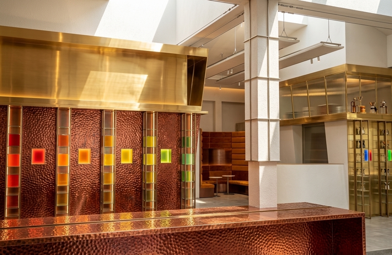 An incredibly lifelike, richly detailed, photorealistic eye-level interior photo of a high-end modern fusion coffee shop set in a contemporary urban complex. The scene is illuminated by bright, direct summer midday sunlight streaming through overhead skylights, creating a lively, opulent, and warm atmosphere. Captured with a 24mm wide-angle architectural lens, emphasizing the tactile hammered red copper surfaces and glowing color accents. The main feature walls and foreground bar counter are clad in striking metallic red copper with a heavily hammered, dimpled texture surface that catches shimmering golden reflections. Embedded along the red copper feature walls are sleek vertical display niches glowing with brightly colored accent panels in vivid shades of red, orange, yellow, and green. Above, polished brushed-gold metallic fascias bounce ambient light throughout the space, while pristine white textured columns and smooth concrete floor tiles provide a crisp, modern architectural balance. In the backdrop, a cozy rounded seating lounge creates depth and invites guests into this stylish fusion sanctuary.