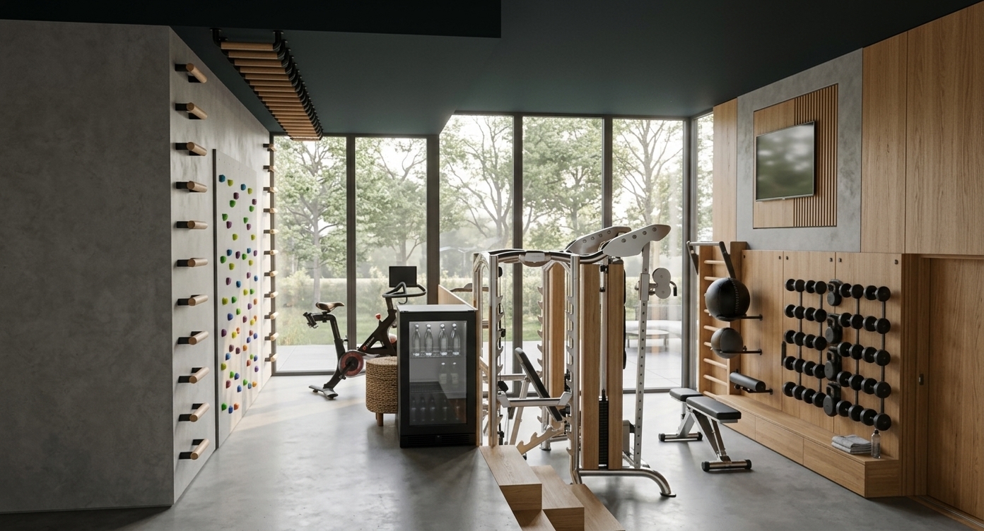An incredibly lifelike, richly detailed, photorealistic interior photograph of a modern luxury home fitness gym set in a Scandinavian sanctuary residence. The scene is illuminated by soft, diffused morning sunlight pouring through expansive floor-to-ceiling glass windows, creating a serene, energized atmosphere. Captured with a 24mm architectural wide-angle lens, emphasizing the tactile contrast of smooth grey microcement walls, warm light oak wood paneling, matte black metal accents, and seamless polished concrete flooring. 

The multi-level layout thoughtfully organizes wellness and training zones: an elevated area features a sleek custom bouldering wall with colorful climbing holds alongside integrated ceiling rungs, a stationary bike, and a minimalist refreshment fridge. Steps descend into the main strength area, outfitted with a polished chrome and light-wood multi-station cable machine, an organized wall-mounted dumbbell grid set against rich wooden paneling, a versatile training bench, and a slim screen set within slatted oak details. The high-contrast dark ceiling elevates the room's height while framing breathtaking exterior views, perfectly capturing an airy, refined atmosphere tailored for holistic health and Scandinavian-inspired luxury living.