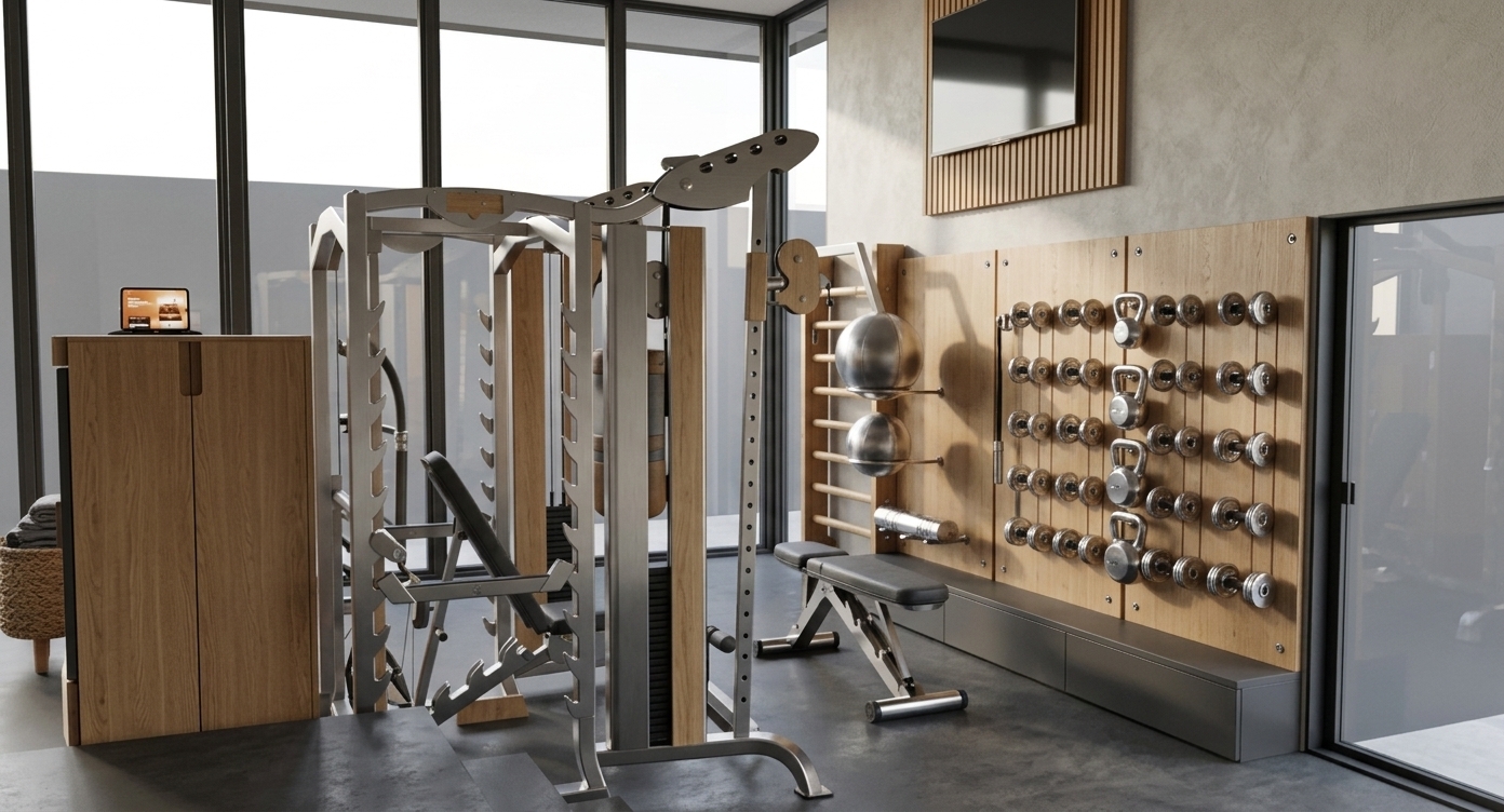 An incredibly lifelike, richly detailed, photorealistic eye-level interior photo of a luxury modern home fitness gym set in a serene Scandinavian sanctuary residence. The scene is illuminated by soft, natural morning daylight streaming through expansive floor-to-ceiling dark-framed glass windows, creating an energizing yet tranquil atmosphere. Captured with a 24mm wide-angle architectural lens, emphasizing the warm organic grain of natural light oak wood paneling, brushed stainless steel workout machinery, and polished matte charcoal concrete flooring. The central multi-functional power rack features pristine metallic finishes paired with Scandinavian light oak accents, while a custom wall-mounted oak pegboard neatly displays polished steel kettlebells, weights, and pulley systems with realistic ambient occlusion and reflective highlights. Above, a sleek flat-screen television is mounted against a subtly textured micro-cement wall framed by warm slatted wood, seamlessly balancing high-end athletic functionality with sophisticated, minimalist interior design.