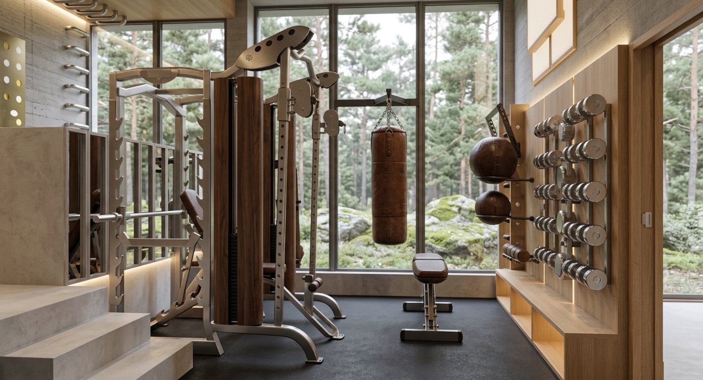 An incredibly lifelike, richly detailed, photorealistic wide-angle interior perspective shot of a bespoke fitness gym set in a serene Scandinavian sanctuary home. The scene is illuminated by soft, diffused natural daylight streaming through full-height minimalist glass walls complemented by warm, subtle architectural LED backlighting, creating a tranquil yet invigorating atmosphere. Captured with a professional 24mm wide-angle lens at f/8, emphasizing tactile micro-cement stairs, smooth board-formed concrete walls, natural light oak timber paneling, and brushed stainless steel fitness equipment. Positioned prominently, a high-end power rack and cable crossover system features polished metal framing integrated with rich wood stack covers. Centered against expansive floor-to-ceiling glass, a handcrafted vintage brown leather heavy bag hangs in crisp silhouette alongside a sleek exercise bench resting on dark matte rubberized flooring. To the right, a seamless Scandinavian light oak feature wall showcases a precisely arranged matrix of chrome dumbbells and wall-mounted medicine balls, perfectly uniting minimalist architectural elegance with high-performance home wellness.