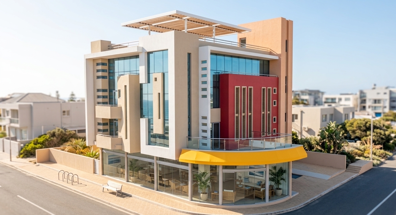An incredibly lifelike, richly detailed, photorealistic wide-angle architectural photo of a modern boutique hotel set in a sun-drenched seaside urban environment. The scene is illuminated by bright, sun-kissed afternoon sunlight, creating an airy, light, fresh, and invitingly relaxed nautical atmosphere. Captured with a 24mm architectural tilt-shift lens, emphasizing smooth sand-toned stucco, crisp white rendered frames, reflective blue-tinted glazing, and natural woven textures. The contemporary multi-story structure features an intricate play of geometric volumes, anchored by a prominent curved ground-floor entrance wrapped in floor-to-ceiling glass and crowned with a vibrant golden-yellow canopy. Upper levels display cantilevered off-white frames floating around large curtain walls, alongside a bold crimson-red accent block with vertical louvered windows and a tall peach-colored service tower stretching toward a shaded rooftop pergola deck. Through the crystal-clear glass facade, the open hotel lobby seamlessly blends with the exterior, showcasing an interior styled in shades of ocean blue, crisp white, and sandy neutrals. Natural wicker and teak wooden furniture populate the uncluttered spaces, complimented by coastal decor, coffee table photography books resting on sleek tables, large framed seascape wall art on light plaster walls, and lush potted palm plants rustling softly in the implied coastal breeze.