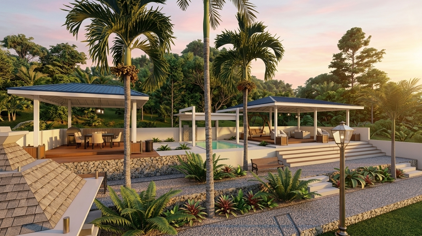 An incredibly lifelike, richly detailed, photorealistic landscape photo of a luxurious outdoor pool area set in a hillside tropical retreat during early spring. The scene is illuminated by the golden, radiant glow of a sunset, creating a sophisticated, airy, and light-filled atmosphere. Captured with a wide-angle 24mm architectural lens, emphasizing polished stone surfaces, clean-lined terraced retaining walls, and lush green palm foliage, the design embodies contemporary elegance. Beneath open-air pavilions with deep blue roofs, tailored upholstered furniture in shades of warm white, pearl, champagne, and soft gray offers refined relaxation, punctuated by slim metal accents and elegant sculptural lighting. Subtle abstract wall art and curated decor—including a stylized photography book resting gracefully on a lounge table—bring an understated, balanced richness to the polished stone walkways, pristine swimming pool, and cascading landscaped garden.