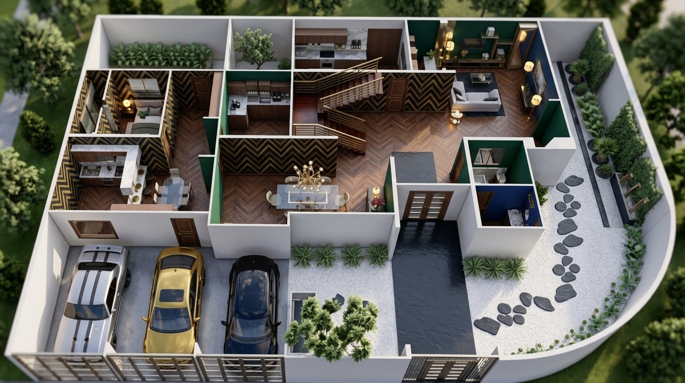 An incredibly lifelike, richly detailed, photorealistic isometric cutaway view of a sprawling Art Deco glamour estate set in an exclusive suburban enclave. The scene is illuminated by soft, diffused daylight combined with ambient warm interior accent lighting, creating an extravagant yet inviting atmosphere. Captured with a tilt-shift medium-format lens, emphasizing the high-gloss finishes, gilded metallic accents, and precise geometric layout. Inside, sleek herringbone timber floors lead past a grand central staircase crafted from dark polished hardwood with golden railings. The interior design showcases bold graphic wall art in shades of onyx black, brushed gold, and deep jewel tones, complemented by mirrored and lacquered furniture that softly reflects the ambient glow. An open-concept dining space features a statement ornamental chandelier suspended above a polished glass table, while living areas boast plush white seating alongside art deco-inspired decor. Lush indoor plants, a serene internal courtyard tree, and a curving outdoor garden path lined with smooth slate stepping stones contrast beautifully against the sleek, polished surfaces and streamlined architectural walls.