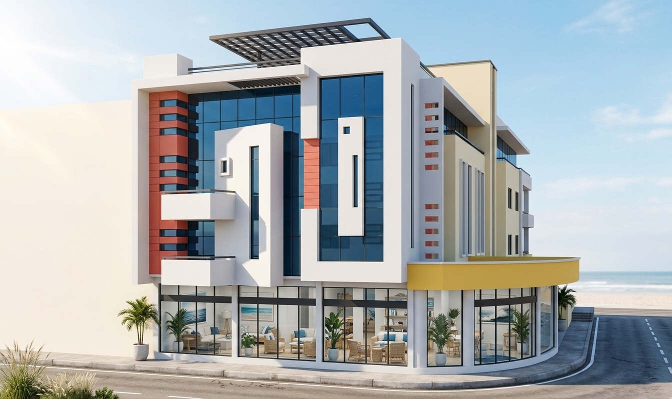 An incredibly lifelike, richly detailed, photorealistic wide-angle exterior architectural photo of a modern boutique hotel building set in a sun-drenched beachside urban avenue. The scene is illuminated by bright, sun-kissed afternoon sunlight filtering through a soft coastal breeze, creating an airy, light, fresh, and inviting nautical atmosphere. Captured with a professional 24mm tilt-shift architectural lens, emphasizing crisp geometric lines, smooth white stucco frames, warm coral-red exterior paneling, soft cream facades, and reflective deep blue glass curtain walls. The ground floor features expansive floor-to-ceiling glass wrapping around a smooth, rounded corner entrance topped by a bold yellow architectural canopy, offering seamless visual access into a relaxed, open-concept hotel lobby styled in shades of ocean blue, crisp white, and sandy neutrals. Visible through the crystal-clear glazing, natural wicker and light wooden furniture, uncluttered surfaces decorated with coastal decor and photography books, large-scale seascape wall art, and lush potted tropical plants bring an effortless, high-end beachy charm to the interior space. Dynamic floating white wall panels, cantilevered balconies, and a steel roof pergola cast subtle directional shadows across the multi-textured facade, perfectly harmonizing modern urban architecture with a serene seaside lifestyle along the freshly paved corner street.