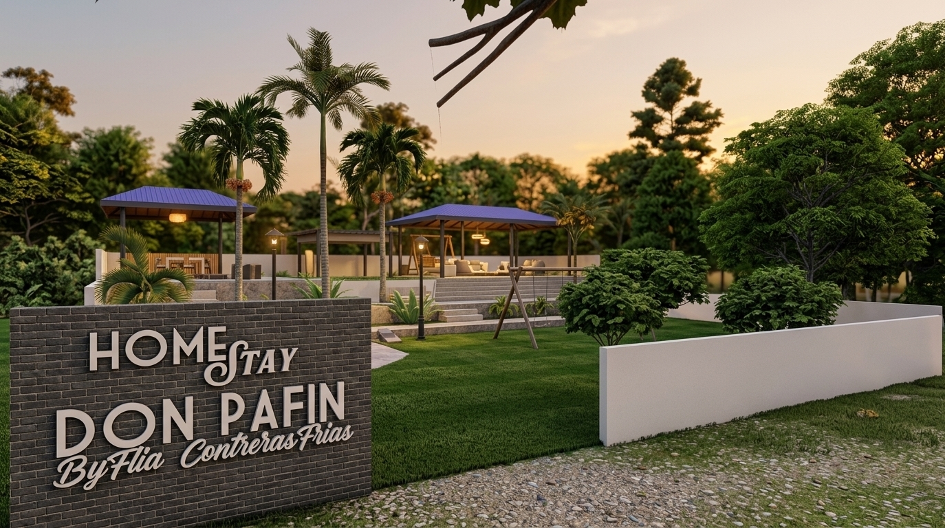 An incredibly lifelike, richly detailed, photorealistic eye-level exterior architectural shot of a serene tropical retreat entrance set in a lush spring resort environment. The scene is illuminated by the soft, warm golden glow of a late sunset, creating a sophisticated and tranquil atmosphere. Captured with a 35mm architectural tilt-shift lens, emphasizing the rich tactile texture of the charcoal-gray brick signage wall bearing clean-lined, dimensional white lettering for "HOMESTAY DON PAFIN By Flia Contreras Frias." Beyond the sleek foreground wall and pristine white perimeter boundary, a lush manicured lawn flows gracefully toward terraced, polished stone plazas featuring open-air pavilions under vibrant violet-blue roofs. Beneath the pavilions, tailored lounge furniture upholstered in shades of pearl, champagne, and soft gray offers refined comfort, offset by slim dark metal supports and warm sculptural outdoor lighting fixtures. Towering palm trees and dense spring greenery form a balanced, light-filled backdrop, uniting contemporary elegance with an understated, inviting landscape design.