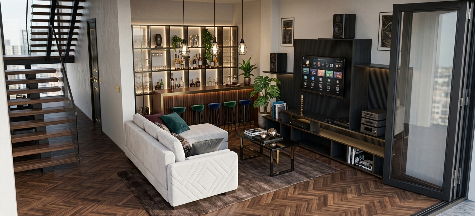 An incredibly lifelike, richly detailed, photorealistic eye-level interior photograph of a modern Art Deco-inspired living room and adjacent cocktail lounge set in a luxury penthouse. The scene is illuminated by soft, natural daylight streaming through tall glass folding doors combined with warm, hidden accent LEDs and black pendant lights, creating an opulent and sophisticated atmosphere. Captured with a professional 24mm architectural tilt-shift lens, emphasizing the rich herringbone parquet floor, glossy lacquered finishes, and shimmering metallic highlights...

The space epitomizes Art Deco glamour with its bold geometric silhouettes, polished surfaces, and a rich color palette of moody black, polished gold, and deep jewel tones. In the foreground, a sleek white plush sectional sofa anchors the seating area above a dark cocoa-toned rug. A black lacquered coffee table is styled with thick photography books and metallic decorative spheres. To the right, a custom dark charcoal entertainment unit holds audio components and a wall-mounted TV, balanced by subtle graphic wall art. Behind the seating area, a sophisticated home bar features a fluted wood counter with barstools and a backlit display grid filled with fine spirits, elegant glassware, and vibrant indoor plants that add life to the rich dark finishes. On the left, a floating wooden staircase with dark steel supports adds modern architectural drama, completing this chic, extravagantly designed residence.