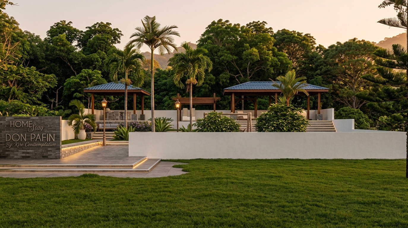 An incredibly lifelike, richly detailed, photorealistic landscape photo of a serene outdoor resort retreat set in a lush, tropical spring environment. The scene is illuminated by the soft, golden glow of a low sunset, creating an airy, sophisticated, and light-filled atmosphere. Captured with a professional wide-angle lens, emphasizing the smooth textures of polished stone surfaces, crisp white retaining walls, slim metal accents, and vibrant palm foliage. In the foreground, a manicured lawn leads past a textured dark-gray brick feature wall displaying the resort name, framed by elegant lighting and terraced steps. Behind the pristine white boundary wall, two blue-roofed open-air pavilions feature tailored upholstered furniture and dining spaces decorated in a refined palette of warm white, pearl, champagne, and soft gray. The clean-lined modern architecture blends seamlessly with the dense backdrop of deep green treetops, capturing an understated and balanced contemporary elegance.