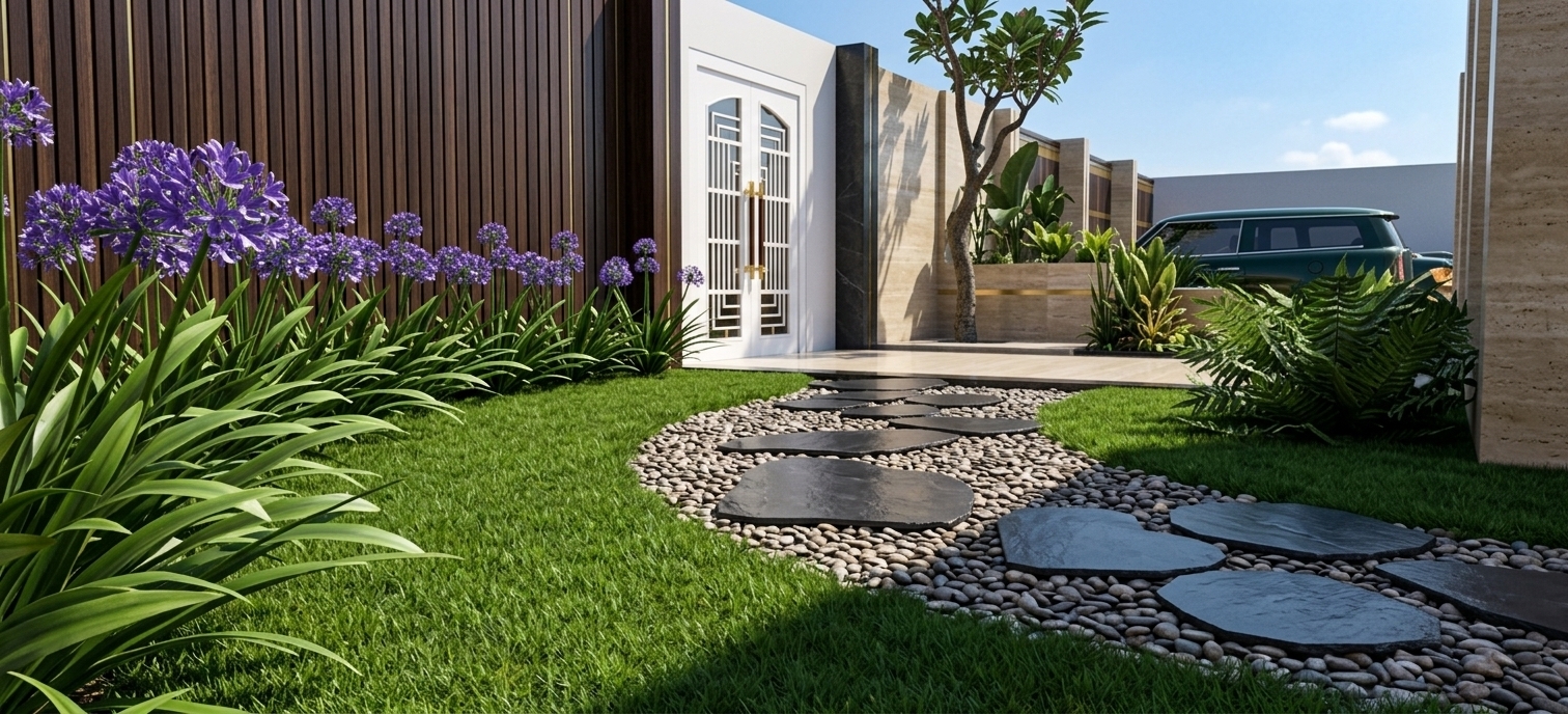 An incredibly lifelike, richly detailed, photorealistic landscape photo of an outdoor garden set in a glamorous, Art Deco-inspired courtyard entrance. The scene is illuminated by bright, clear natural daylight, creating a bold, extravagant, and inviting atmosphere. Captured with a full-frame camera using a 24mm wide-angle lens, emphasizing the rich textures of polished dark charcoal slate stepping stones, gilded wood accents, and lush, vibrant botanicals. On the left, a vertical dark wood-slat feature wall provides a striking backdrop for a row of glowing purple Agapanthus flowers in jewel tones, set within lush green foliage along a manicured emerald lawn. The stone pathway leads gracefully toward a pristine white double entry door with symmetrical, geometric Art Deco grilles. To the right, a sculpted frangipani tree and lush tropical ferns sit against streamlined, polished walls and stone planters, offering a glimpse of a sleek dark green luxury car parked in the brightly lit background driveway.