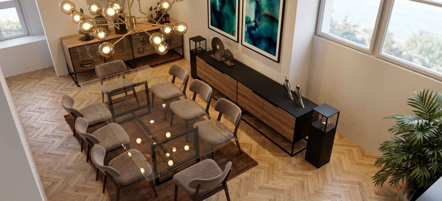 An incredibly lifelike, richly detailed, photorealistic high-angle interior shot of a sophisticated dining room set in a luxurious modern penthouse. The scene is illuminated by warm ambient light cascading from a dramatic, multi-orb brass molecular chandelier and subtle architectural spotlights, creating an opulent and chic atmosphere. Captured with a 35mm wide-angle lens, emphasizing the intricate natural grain of light oak herringbone parquet flooring, sleek dark lacquered credenza surfaces, and polished glass textures. 

At the heart of the room, a clear glass-topped dining table rests on a bold, geometric black frame, surrounded by streamlined mid-century modern dining chairs upholstered in soft taupe fabric. Beneath the main credenza, a rich brown area rug adds warmth, while the wall is adorned with a pair of large, framed abstract canvas prints displaying vibrant jewel tones of deep teal and ocean blue. Atop the long, wood-and-black sideboard, curated Art Deco-inspired decor—including stylized bird figurines and geometric disc sculptures—complements tall black display pillars. In the corner, a lush, verdant indoor plant adds an organic touch, perfectly harmonizing the space's bold, gilded, and extravagant Art Deco glamour.