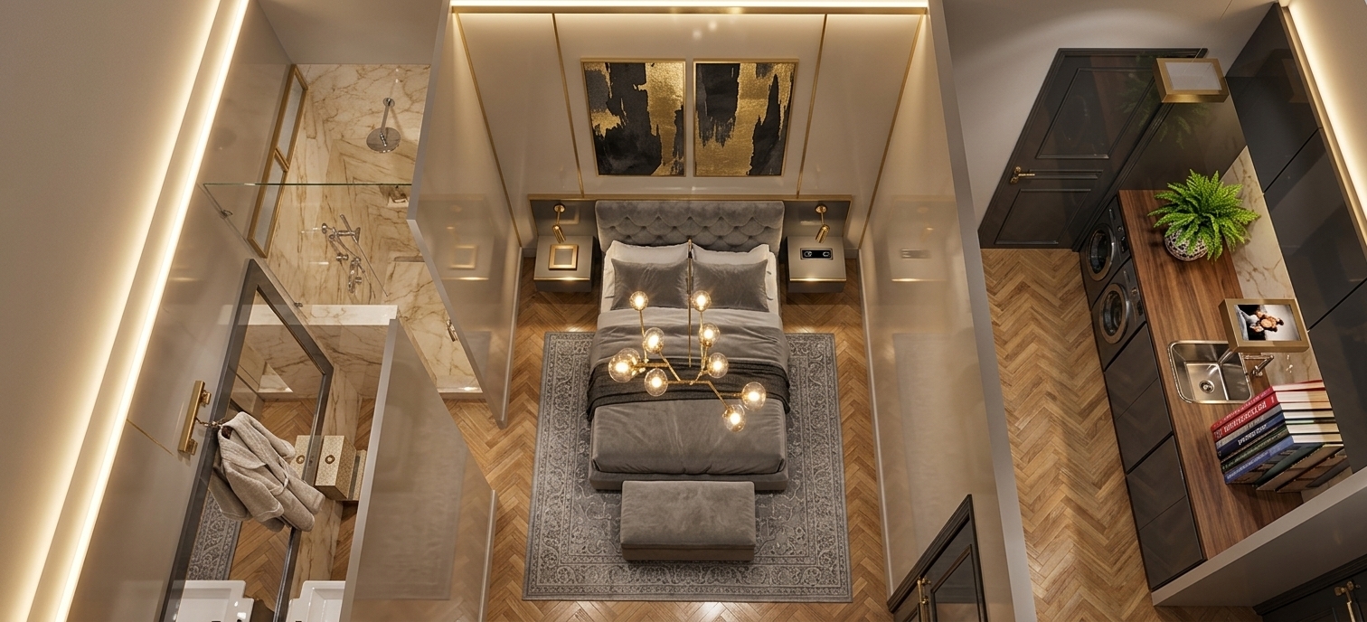 An incredibly lifelike, richly detailed, photorealistic high-angle interior shot of a modern master suite set in an opulent urban penthouse. The scene is illuminated by warm, ambient cove lighting paired with the soft glow of a statement brass chandelier, creating an extravagant and glamorous Art Deco atmosphere. Captured with a professional wide-angle architectural lens, emphasizing polished lacquered surfaces, fine herringbone wood flooring, and gilded geometric textures...

At the heart of the space, a lushly upholstered grey tufted bed with plush pillows rests on a pattern-carved accent rug, perfectly symmetrical between sleek floating nightstands topped with Art Deco reading lamps. Above the headboard, a pair of dramatic graphic wall art panels glistens in striking shades of black, charcoal, and brushed gold leaf. To the left, a glass-enclosed en-suite bathroom reveals warm marble tilework and polished chrome fixtures. To the right, a streamlined utility alcove boasts dark grey lacquered cabinetry, warm wood countertops, an array of colorful stacked photography books, and a lush leafy indoor plant that adds a touch of natural vitality. High-gloss finishes, gilded accents, and crisp architectural lines unite to deliver an ambiance of pure luxury and chic sophistication.