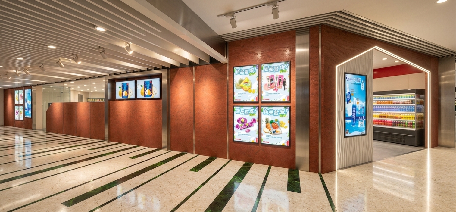 A professional wide-angle architectural photograph capturing the commercial shopfront, maintaining the exact perspective, wall layout, floor pattern, ceiling geometry, and poster placements of the source image under warm white interior lighting. The primary illumination comes from visible, active ceiling spotlights casting directional beams and warm pools of light onto the surfaces, while ceiling light fixtures radiate realistic glows and soft light halos. Concealed LED strip lighting along the outline of the house-shaped entrance frame generates a soft, continuous perimeter glow against the surrounding textured wall. The polished marble floor features realistic soft reflections of the light fixtures and structural panels, showing natural gloss variations and fine surface micro-textures. Metallic trims around the digital poster frames exhibit subtle specular highlights, while backlit posters and screens cast a realistic gentle luminescence. Inside the shop, refrigerated shelving units light up the merchandise, creating vivid product packaging highlights, smooth glass reflections, and detailed contact shadows on the floor, resulting in an authentic photographic render with natural depth and subtle lens vignetting.