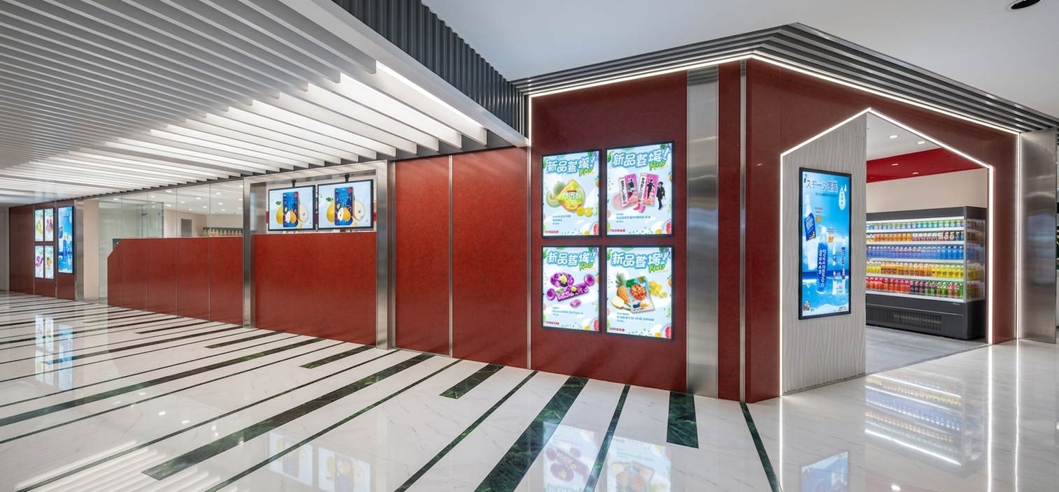 A high-resolution architectural interior photograph of this modern retail store exterior, strictly preserving the exact geometry, perspective, layout, and material placements of the original image. The interior ambient light is dominated by crisp, bright neutral-white illumination, with the slatted ceiling fixtures visibly glowing and casting soft light halos and subtle lens diffusion. Embedded recessed LED strip lighting along the inner edge of the house-shaped entrance archway casts a soft, continuous cove glow onto the surrounding red and white textured wall panels. All promotional poster frames function as brightly illuminated backlight lightboxes with balanced screen brilliance and clean, realistic edge illumination. The polished light-toned floor with dark green marble-patterned linear stripes displays sharp specular highlights and realistic, soft glossy reflections of the red wall cladding, metallic trims, and lit displays. Inside the open store area, the illuminated product refrigerated shelving showcases crisp product packaging highlights, accurate glass reflections, and realistic grounding shadows. Brushed metal trims glint with natural highlights under the bright overhead lights, captured with a professional wide-angle architectural camera featuring realistic depth of field, refined light falloff, and subtle photographic atmospheric realism.