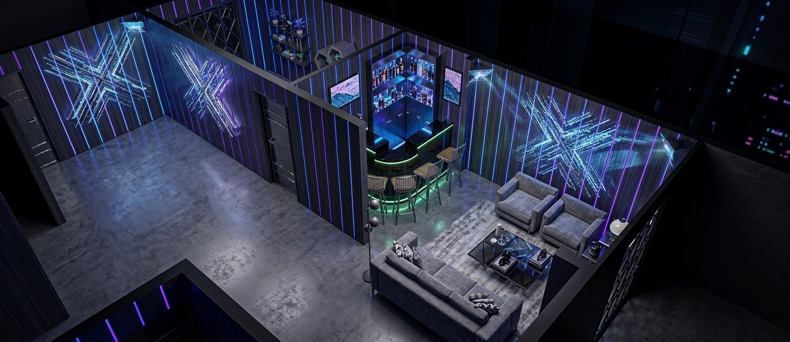 An incredibly lifelike, richly detailed, photorealistic high-angle isometric interior shot of a cyber eclectic fusion lounge and bar area set in a futuristic urban loft. The scene is illuminated by striking ambient neon light in vivid shades of electric blue, deep purple, and vibrant green contrasted against dark moody shadows, creating an immersive, high-tech atmosphere. Captured with a wide-angle tilt-shift lens, emphasizing dark vertically-grooved wall panels, glossy metallic surfaces, and subtle LED-accented furniture. At the heart of the space, a sleek curved bar with a polished dark countertop is paired with contemporary barstools set against tall, backlit liquor shelves. The adjacent living zone features a modern grey sofa, a geometric glass-topped coffee table displaying photography books, and a pair of plush armchairs. Shimmering holographic wall art adds dynamic depth to the perimeter walls, while subtle industrial grunge textures, mixed-media surfaces, and lush indoor plants illuminated by subtle UV accents give this tech-inspired space an undeniable edge.