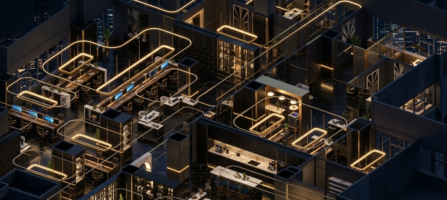An incredibly lifelike, richly detailed, photorealistic high-angle isometric rendering of a lavish corporate suite and executive kitchen hub set in a high-rise tower at night. The scene is illuminated by glowing gilded overhead race-track lights, warm ambient strip LEDs, and soft task lighting, creating an extravagant, moody, and sophisticated atmosphere. Captured with a 35mm tilt-shift architectural lens, emphasizing polished black marble floors, brushed gold trim, lacquered furniture, and rich jewel-toned accents. The expansive floor plan effortlessly blends structured work bays with a streamlined Art Deco kitchen and lounge area, featuring mirrored finishes, bold geometric glass partitions, and sleek black cabinetry. Styled with curated photography books resting on marble tables, bold graphic wall art, and lush indoor plants, this opulent commercial interior showcases the ultimate fusion of modern functionality and gilded vintage glamour.