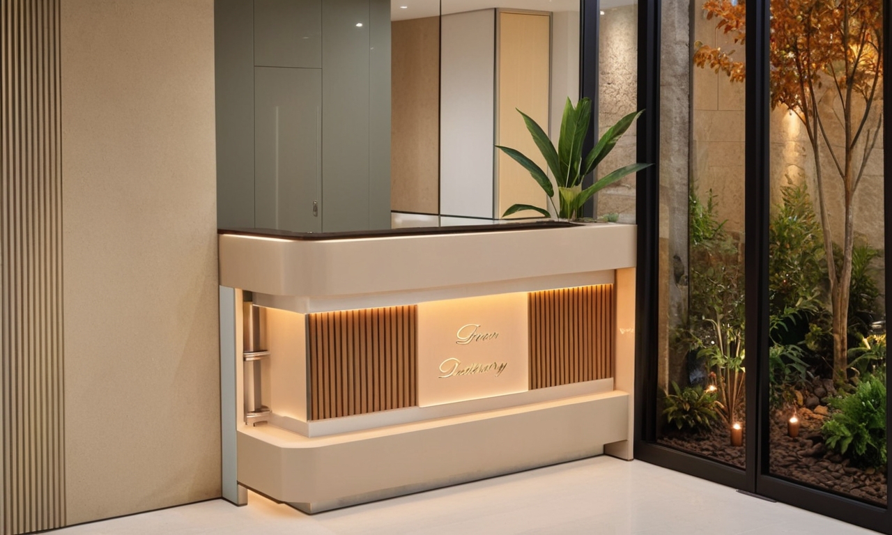 An incredibly lifelike, richly detailed, photorealistic eye-level interior photo of an elegant reception counter set in a modern coffee shop designed with contemporary elegance during late autumn. The scene is illuminated by soft concealed LED glow and warm decorative lights suspended above the secretary counter and entrance area, creating an inviting, tranquil atmosphere. Captured with a 35mm prime lens, emphasizing tactile ribbed wood textures, smooth beige plaster walls, and a striking steel vertical curtain divider flanking the entrance. To the right, floor-to-ceiling glass doors with sleek black metal frames overlook an intimate courtyard garden illuminated by subtle uplights, highlighting lush autumn foliage and textured stone wall finishes.