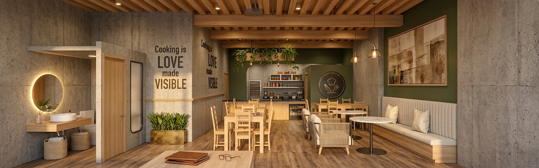 An incredibly lifelike, richly detailed, photorealistic interior photo of a modern fusion traditional restaurant set in a vibrant urban environment during a warm summer evening. The scene is illuminated by low-angled golden sunset light filtering through the space paired with soft, warm pendant glow, creating an inviting, relaxed atmosphere. Captured with a 35mm architectural lens, emphasizing the rich contrast between rugged exposed concrete walls, smooth olive green accents, fine light oak furniture, and warm wood-look floor planks. 

To the left, a minimalist restroom corner features a vessel sink on a floating light-wood vanity with a round backlit mirror and natural woven baskets underneath. The main dining space combines contemporary light wood dining sets, plush woven armchairs, and a tailored banquette seat resting along a textured exposed concrete wall on the right. Wall graphics proclaiming "Cooking is LOVE made VISIBLE" and lush ceiling-hung planter boxes add an earthy, modern twist to the traditional culinary setting.