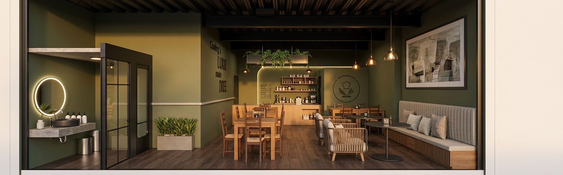An incredibly lifelike, richly detailed, photorealistic interior photo of a modern fusion restaurant layout set in a sleek, urban open-concept environment. The scene is illuminated by the warm, golden glow of late summer sunset light intermingling with low-hanging industrial pendant lamps, creating a cozy, dynamic, and inviting atmosphere. Captured with a 35mm architectural wide-angle lens, emphasizing the smooth dark wood flooring, matte olive green walls, exposed black steel ceiling joists, and lush organic greenery. 

The thoughtful spatial arrangement flows seamlessly from a streamlined washroom alcove featuring a circular illuminated mirror and ceramic vessel sink, across a light-filled dining area with modular timber tables, to a long banquette nook lined with textured cushions, circular bistro tables, and woven accent chairs. In the background, a warm light-wood service counter sits beneath a hanging planter overflowing with trailing foliage, complemented by bold graphic wall accents, framed abstract art, and minimalist metallic fixtures. The striking balance between industrial-inspired dark elements, rich natural wood finishes, and vibrant botanical accents breathes sophisticated contemporary style into this inviting culinary space.
