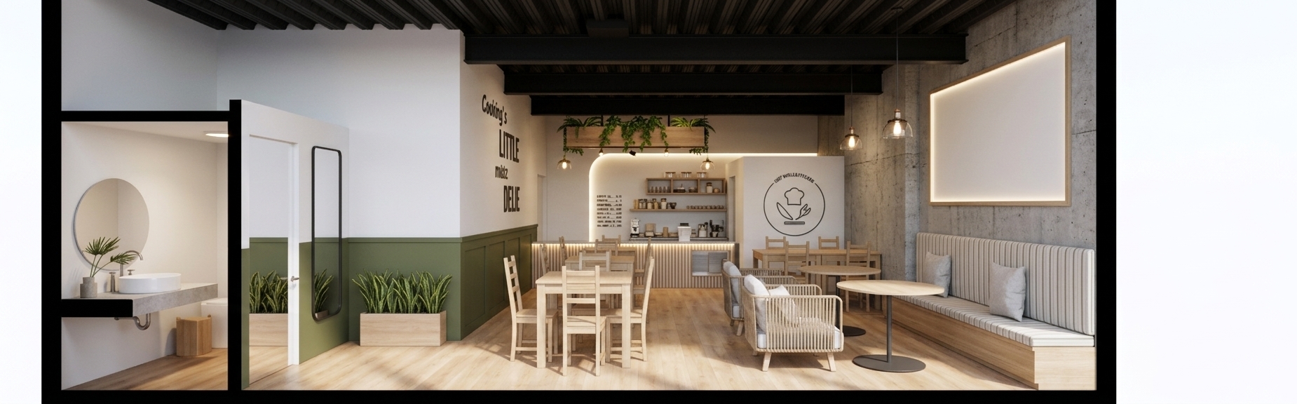 An incredibly lifelike, richly detailed, photorealistic architectural cutaway interior photo of a modern fusion traditional restaurant set in a vibrant urban environment. The scene is illuminated by bright summer midday light filtering naturally into the space complemented by warm LED ambient lighting, creating a warm, inviting, and organic atmosphere. Captured with a professional 24mm tilt-shift architectural lens, emphasizing raw industrial textures, smooth matte olive green surfaces, and fine timber joinery. 

The spacious dining interior features smooth light-wood laminate flooring that reflects soft ambient highlights beneath a dramatic black industrial ceiling crafted with corrugated sheet metal deck and exposed black IPR steel structural beams. A rich textural balance is created along the perimeter, blending crisp smooth white walls featuring stylish dark typography, rich matte olive-green wainscoting accents, and a textured wall of raw exposed concrete. At the rear, the main service counter stands out with warm vertical light-wood slats accented by continuous background LED strip lights, capped above by a floating wooden planter rack brimming with cascading indoor vegetation. The seating area is thoughtfully arranged with matching light timber dining sets, woven rope armchairs, minimalist round tea tables, and an extended upholstered banquette booth along the concrete wall, while a sleek washroom alcove featuring a circular mirror and floating counter completes the sophisticated, functional layout.