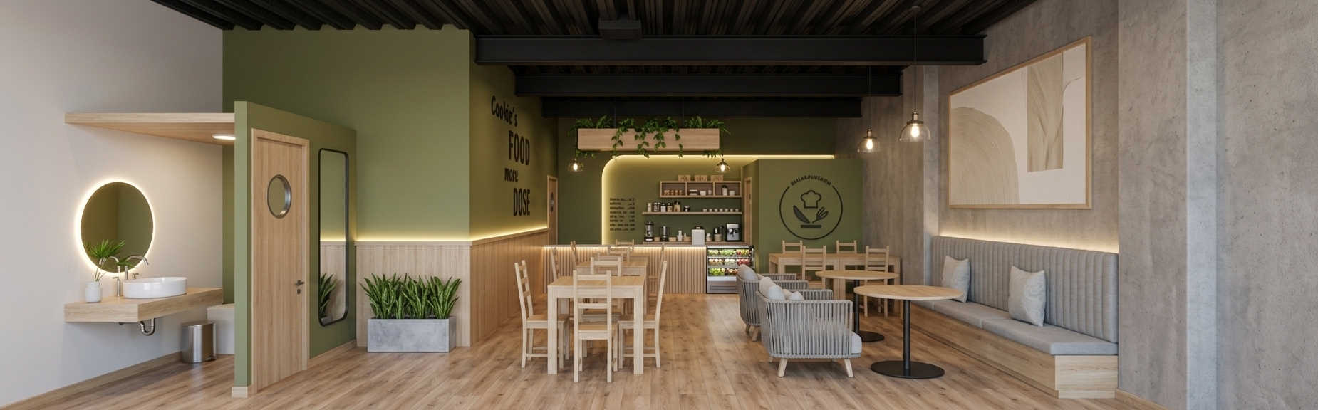 An incredibly lifelike, richly detailed, photorealistic wide interior photo of a modern fusion traditional restaurant set in an inviting urban space. The scene is illuminated by soft midday summer light blending with warm, hidden LED backlighting along the olive green back accent walls, creating an inviting, fresh, and contemporary atmosphere. Captured with a professional 35mm architectural lens, emphasizing the matte olive green wall finishes, organic wood grain, and tactile exposed concrete textures. 

Overhead, an industrial ceiling features dark black corrugated metal sheeting supported by bold, black-painted IPR steel beams, from which delicate pendant lights hang. The flooring is finished in a warm, light-toned wood laminate that stretches toward a custom wooden service counter clad in light vertical timber slats and equipped with an integrated salad display cooler. To the left, a dedicated restroom nook showcases a light wood door, a floating vanity with a round vessel sink, and an illuminated circular mirror. Centrally arranged tables and chairs crafted from light-toned natural timber are complemented by low-slung, woven armchairs in light gray fabric and a long tufted bench along a smooth exposed concrete wall. Lush green foliage cascades from a suspended wooden planter box above the counter and spills from sleek concrete-textured planters below, perfectly framing the inspiring olive green wall graphics and subtle molding trim.