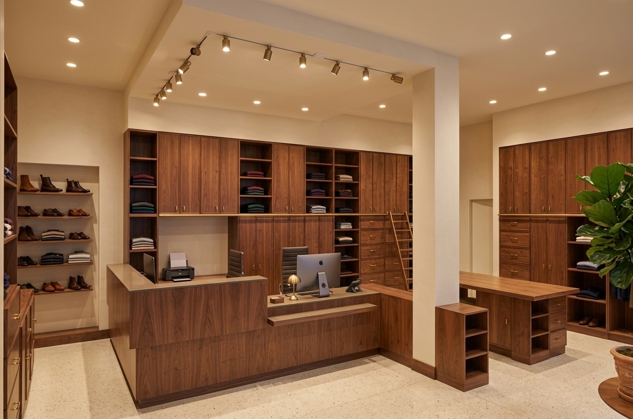 An incredibly lifelike, richly detailed, photorealistic wide-angle interior shot of a mid-century modern boutique exhibition space set in an upscale urban retail gallery. The scene is illuminated by warm recessed spotlights and directional track lights that cast a soft, golden ambient glow, creating a refined and welcoming atmosphere. Captured with a 24mm tilt-shift architectural lens, emphasizing rich warm walnut wood millwork, matte cream plaster walls, and polished light terrazzo flooring. The multi-tiered reception desk features sleek leather-bound task chairs, a sleek desktop monitor, and minimalist accessories. Open wooden shelving units and alcoves throughout the showroom are elegantly curated with folded knitwear, tailored clothing on displays, and premium leather footwear neatly arranged on shelves. To the right, a tall rolling library ladder provides access to high cabinets, while a vibrant potted indoor plant adds a refreshing, organic touch to this sophisticated commercial interior.