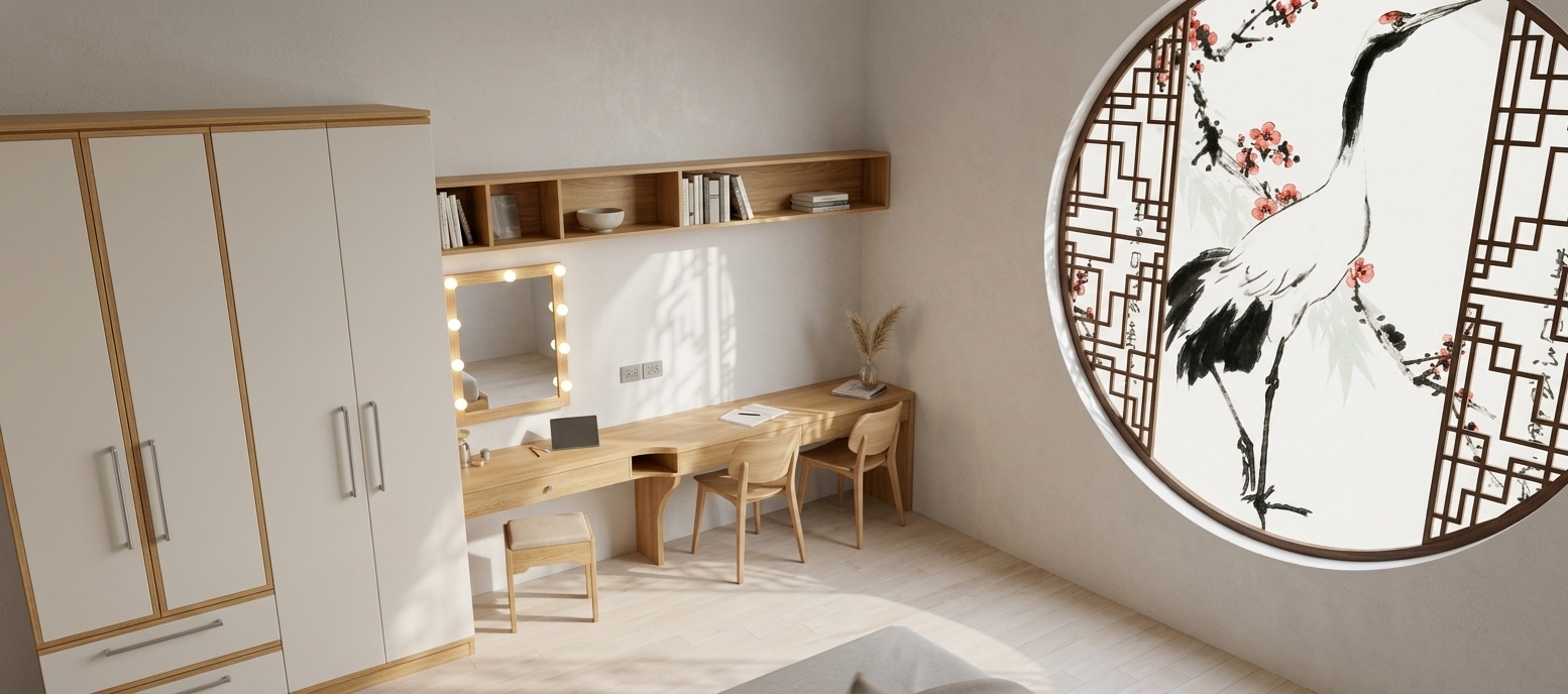 An incredibly lifelike, richly detailed, photorealistic wide-angle interior shot of a Japanese-inspired minimalist study room set in a serene contemporary home. The scene is illuminated by bright, clear midday summer sunlight casting soft, clean shadows, creating a tranquil and airy atmosphere. Captured with a professional 35mm architectural prime lens, emphasizing natural light oak wood grains, smooth matte off-white surfaces, and tactile fabric textures. 

To the left, a tall modular wardrobe features warm timber accents paired with sleek cream door panels and polished metallic handles. Running continuously along the main wall is an integrated light oak desk that smoothly transitions from a makeup vanity—complete with a lit Hollywood-style mirror and compact stool—into an expansive study station paired with two minimalist wooden chairs. Floating above, an open wooden shelf displays neatly arranged books and minimalist decor. The room's stunning focal point is a large circular moon-window wall feature framed in light wood with intricate geometric lattice fretwork, surrounding a delicate ink-and-wash style artwork of a red-crowned crane amidst red plum blossoms, creating a perfectly balanced Zen sanctuary.
