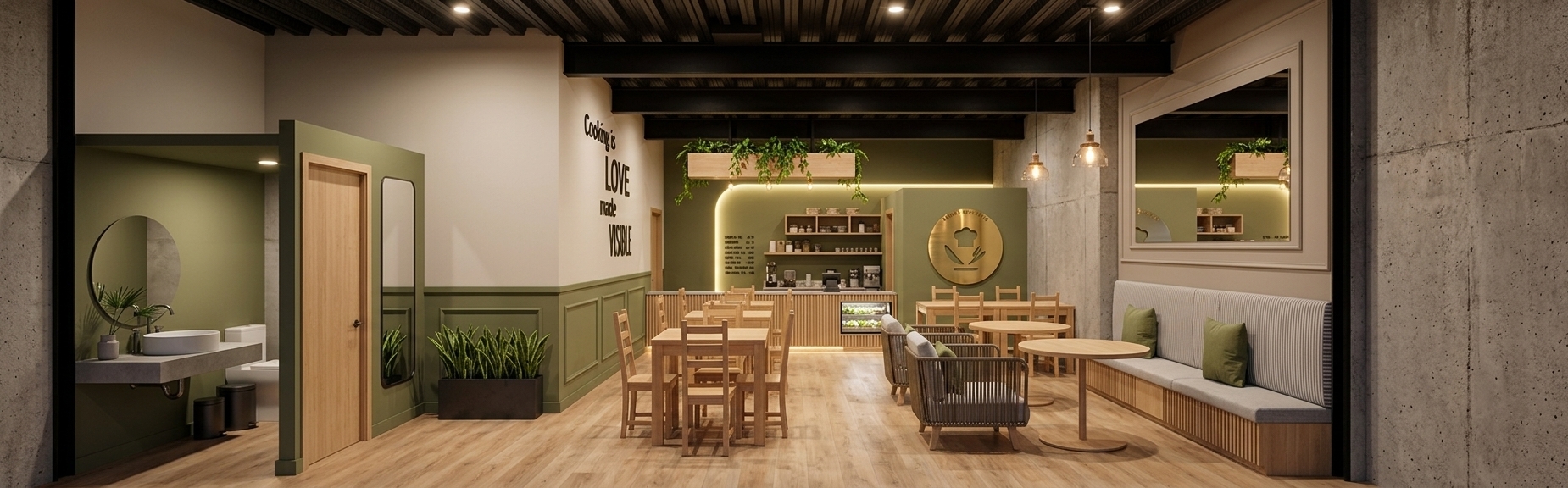 An incredibly lifelike, richly detailed, photorealistic interior architectural photo of a modern fusion traditional food restaurant set in a warm, stylish commercial interior. The scene is illuminated by a soft blend of warm ambient downlights, glowing back-lit LED strip lighting outlining the rear olive-green wall features, and decorative pendant lights, creating an inviting, relaxed atmosphere. Captured with a wide 24mm architectural lens, emphasizing the tactile contrasts between matte paint, natural timber grain, and raw concrete textures. Overhead, exposed black IPR steel beams support a dark corrugated metal ceiling, grounding the warm light wood laminate flooring below. The right perimeter showcases a raw exposed concrete wall beside a neutral-toned recessed panel with subtle trim molding, framing a built-in light grey banquette fitted with olive-green accent pillows. Along the left wall, a two-tone design features a neutral upper section meeting an olive-green lower wainscot bordered by matching green wood molding. To the front left, an olive-green clad restroom enclosure features a light wood door with an integrated vertical mirror alongside, opening to reveal a minimalist neutral interior with a floating vanity. In the back center, a light wood slatted service counter houses a built-in salad display refrigerator beneath a backlit olive-green wall arch and overhead hanging light-wood planter boxes filled with lush green foliage, all harmonious with the light wood dining tables and matching wooden seating throughout the dining hall.