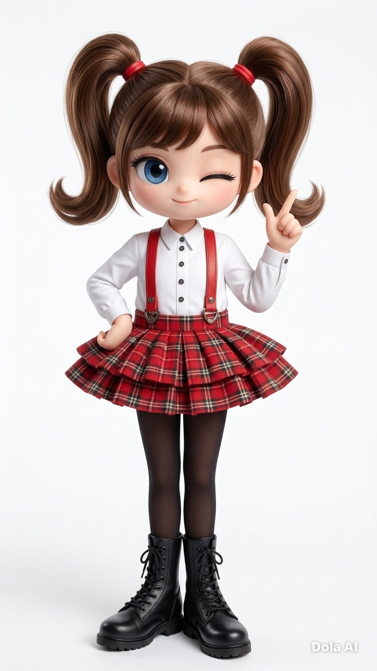 Full-body studio photograph preserving the exact pose, chibi proportions, and composition against a crisp, seamless white backdrop. Shot on an 85mm prime lens under soft studio lighting, the image highlights realistic material textures: crisp white cotton shirt fabric, pleated wool for the red plaid skirt, smooth leather suspenders, fine black nylon tights, and realistic sheen on polished black leather combat boots. Her skin features a smooth natural texture, while the brown hair tied in pigtails exhibits realistic strand detail and soft glossy highlights, rendered with subtle photographic depth and ultra-sharp focus.