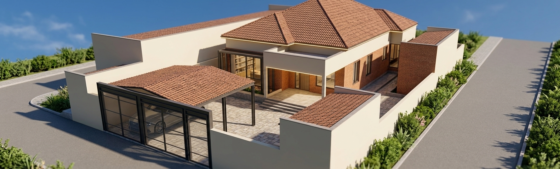 An incredibly lifelike, richly detailed, photorealistic high-angle exterior architectural photo of a modern single-story villa set in a serene suburban context with neatly paved access roads and lush green shrubbery lining the perimeter. The scene is illuminated by crisp midday summer sunlight complemented by warm, elegant LED rope lights and recessed LED fixtures running along the rooflines and entry porch overhangs, creating a sophisticated and minimalist haven atmosphere. Captured with a tilt-shift architectural lens, emphasizing the tactile textures of the reddish pitched roof tiles, warm terracotta brick cladding, smooth cream-colored exterior plaster, and the geometrically patterned stone pavers in the spacious front courtyard. The large glass windows feature subtle reflections of the blue sky while giving a hint of a bright, quiet study room inside, all framing a sturdy covered garage structure and a sleek, modern metal gate with fine mesh paneling.