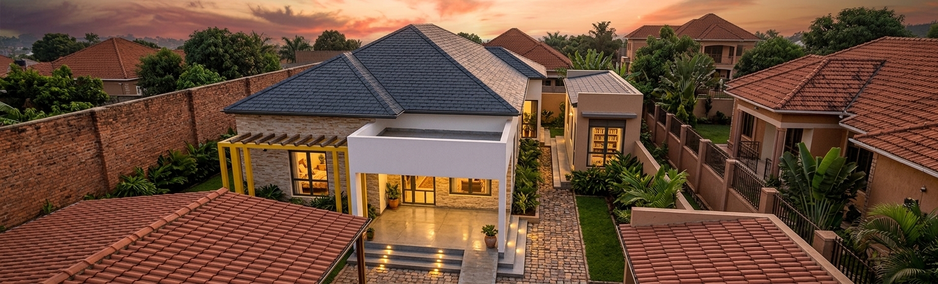 An incredibly lifelike, richly detailed, photorealistic elevated architectural shot of a bohemian oasis office compound set in a lush, leafy suburban environment. The scene is illuminated by the soft, warm golden light of a summer sunset paired with vibrant interior illuminations, warm LED spotlights, and subtle LED strip lights concealed under the porch ceilings and canopy beams, creating a cozy, serene, and sophisticated atmosphere. Captured with a wide-angle tilt-shift architectural lens, emphasizing the rich contrast between natural terracotta brickwork, beige stacked-stone cladding, polished gray patio tiles, and crisp dark charcoal roof shingles. 

The main office structure features a distinctive multi-hipped roof covered in realistic textured slate shingles, complemented by a contemporary white rendered entry portico sheltering a sleek elevated concrete terrace with subtle LED step lights. To the side, a vibrant yellow pergola structure casts rhythmic shadows onto the exposed brick facade, while warm light streams through multi-pane glass windows. A meticulously paved cobblestone walkway guides the eye through the compound, bordered by fresh green lawn strips, lush tropical shrubs, and neighboring warm-toned tile-roof buildings under the radiant hues of the fading summer sky.