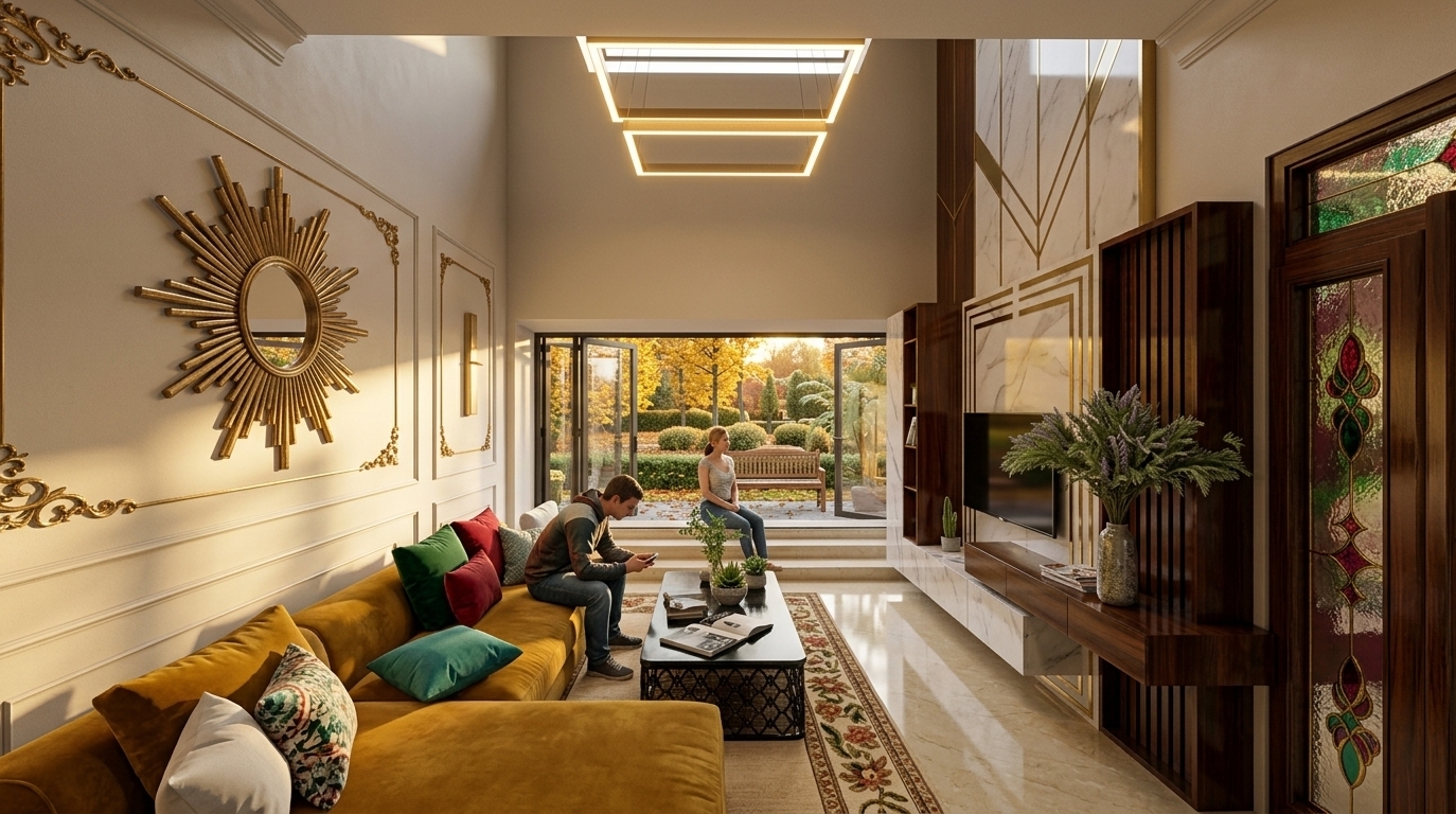 An incredibly lifelike, richly detailed, photorealistic wide-angle interior photo of a grand double-height living room set in a lush suburban estate during early autumn. The scene is illuminated by low-slung, warm golden sunset light filtering through panoramic folding windows and augmented by a glowing overhead geometric LED chandelier, creating a cozy yet extravagantly glamorous atmosphere. Captured with a full-frame architectural lens, emphasizing tactile velvet textures, reflective polished floors, and intricate metallic finishes. On the left wall, classical wainscoting frames an ornate gilded starburst mirror, complemented by a vibrant L-shaped sectional couch in mustard yellow adorned with jewel-toned emerald, crimson, and turquoise throw pillows. To the right, a streamlined Art Deco feature wall combines polished white marble, geometric gold brass inlays, and rich lacquered wood millwork housing a sleek media console. A stylish coffee table with an intricate black lattice metal base sits atop a floral-patterned runner, displaying photography books and delicate indoor plants, while a deep window seat overlooks a serene, golden-hued autumn garden outside.