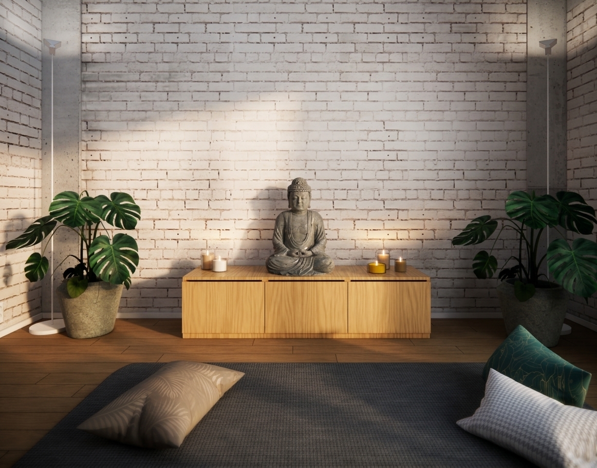 A professional full-frame photograph capturing the serene meditation room exactly as composed, illuminated by dramatic, warm late-afternoon sunlight casting elongated, soft-edged shadows across the white-painted brick wall and warm oak floorboards. The central carved grey stone Buddha statue exhibits fine tactile micro-textures, weathered pore details, and subtle dust gathered in its carved crevices, catching low golden sunlight from the side while reflecting warm flickers from the lit glass-encased candles sitting on the low wooden cabinet. The light-toned wooden credenza reveals rich, authentic wood grain, natural sheen variations, and precise joins. On either side, the monstera plants feature glossy, deeply veined dark green leaves with faint light translucency and realistic dust micro-specks, set in heavy, rough-cast concrete planters. In the foreground, the dark grey woven mat shows distinct thread weave and tactile texture, while the plush accent pillows display realistic fabric folds, seam stitching, and natural creasing. Photographed through a 35mm prime lens at f/2.8, the shot features a subtle depth of field focusing on the central altar, gentle lens vignetting, soft organic light bloom, and realistic atmospheric dust motes dancing in the light shafts.