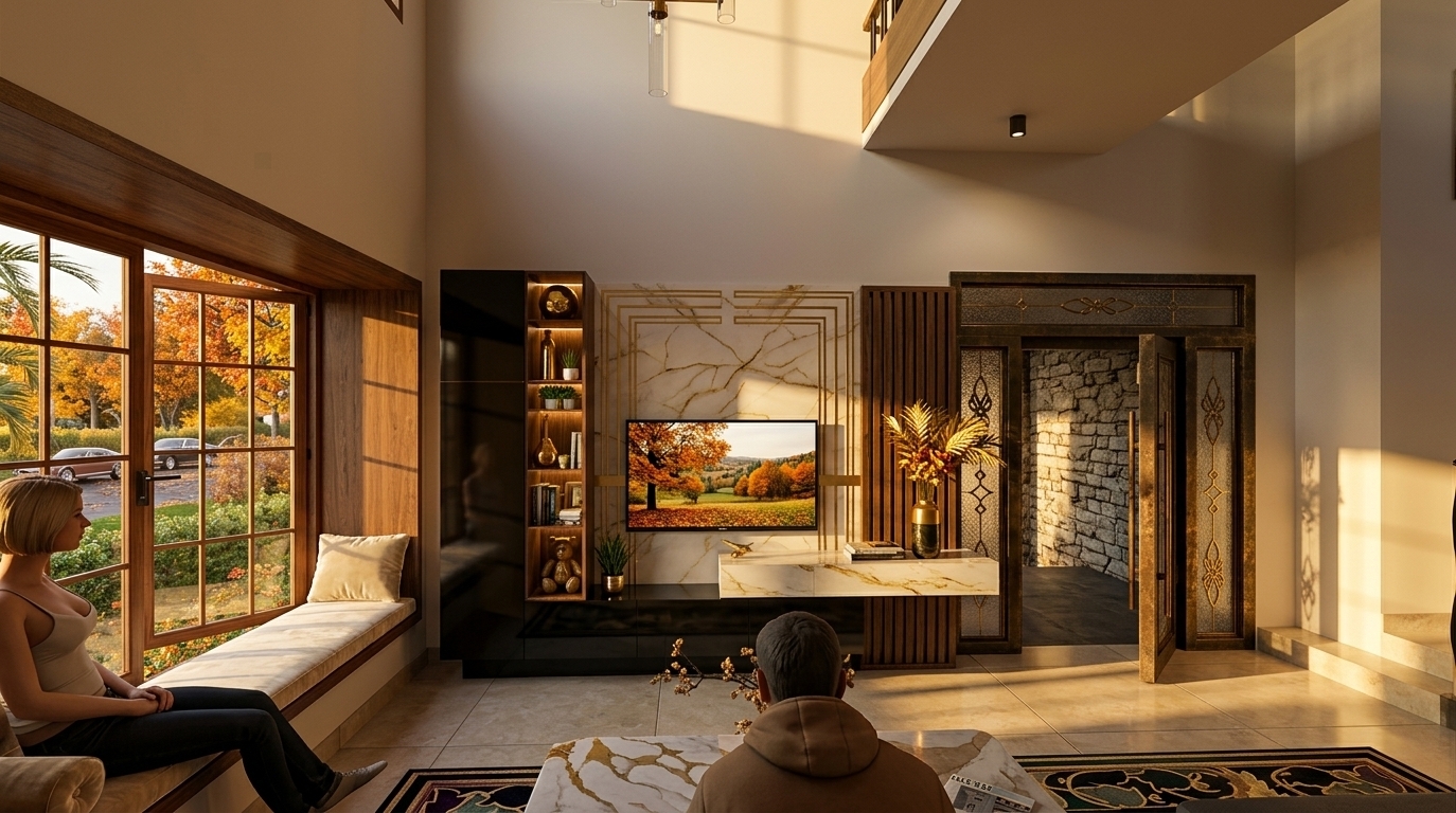 An incredibly lifelike, richly detailed, photorealistic interior photo of a grand double-height living room set in a luxurious modern residence during late autumn. The scene is illuminated by low-angled, golden sunset light streaming through a large wood-framed window, creating a chic, extravagant, and inviting atmosphere. Captured with a wide-angle 24mm lens, emphasizing the glossy lacquered surfaces, gilded marble textures, and rich geometric art deco accents throughout the space. At the center, a custom TV wall feature combines a polished white marble panel with golden geometric inlays and dark wood slatted partitioning, adorned with art deco-inspired decor, an ornamental vase with golden fronds, and curated display shelves holding books and indoor plants. A woman sits gracefully on the sunlit cushioned bench of the bay window looking outward toward the autumn foliage, while a person in the foreground sits near a sleek marble coffee table displaying a photography book. Deep shades of rich black, gleaming gold, and jewel tones harmonize across the polished floor tiles, decorative area rugs, and ornate dark ironwork doors, effortlessly blending architectural height with opulent art deco glamour.