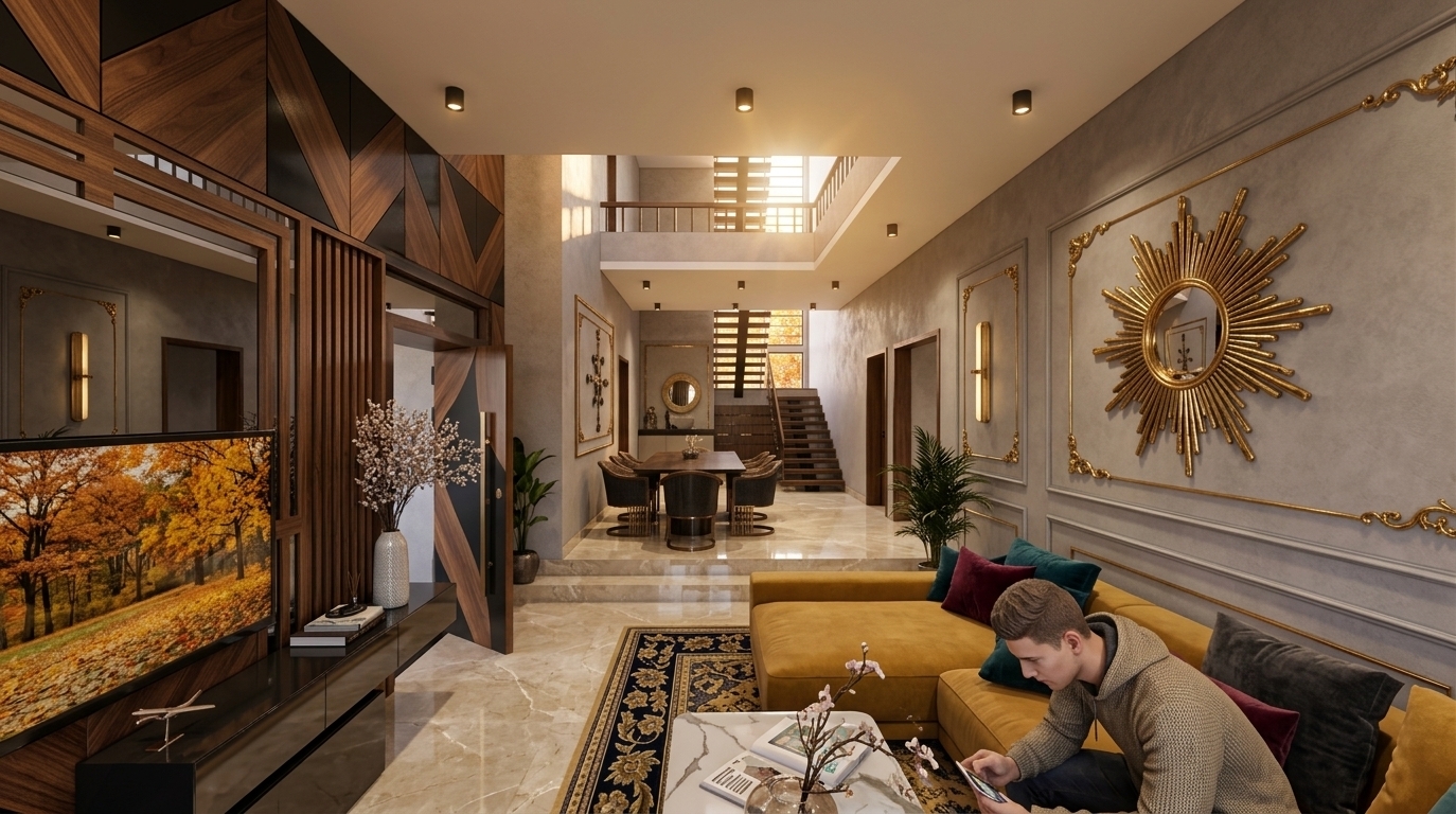 An incredibly lifelike, richly detailed, photorealistic wide-angle interior photo of a grand living room and split-level dining atrium set in a lavish residence during a quiet autumn sunset. The scene is illuminated by soft, golden-hour light streaming from above alongside sleek recessed downlights, creating a glamorous, warm, and sophisticated atmosphere. Captured with a professional 24mm architectural lens, emphasizing the high-gloss polished marble, intricate gilded metalwork, and rich wood textures. Embracing an extravagant Art Deco glamour style, the room showcases bold geometric wall paneling, ornamental wainscoting, and a striking gilded sunburst mirror mounted on grey plaster walls. A plush mustard-yellow sectional sofa adorned with jewel-toned burgundy and teal pillows faces a high-contrast TV feature wall, while a lacquered coffee table holds a open photography book and delicate floral display. In the background, polished steps lead to a streamlined dining set situated beneath a double-height void and a dark timber floating staircase, perfectly complemented by chic indoor plants and reflective surfaces throughout the space.