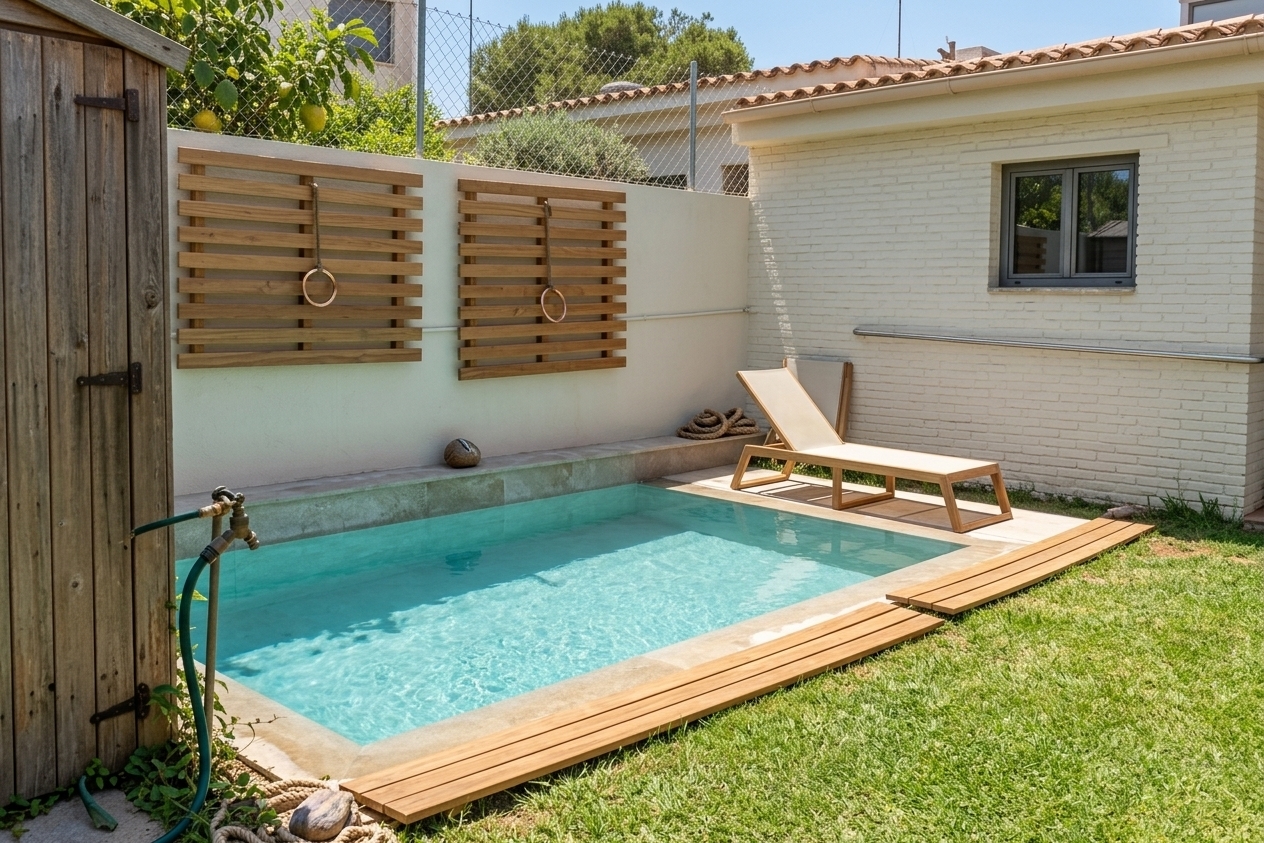 An incredibly lifelike, richly detailed, photorealistic landscape photo of a luxurious, sun-drenched outdoor pool area set in a breezy coastal backyard. The scene is illuminated by intense, crisp midday summer sunlight, creating a bright, refreshing, and serene atmosphere. Captured with a wide-angle 24mm architectural lens, emphasizing the crystal-clear turquoise waters of a newly installed infinity pool, the refined texture of light-colored whitewashed brick cladding on the renovated bathroom structure, and the soft contrast of lush green grass. 

Where dusty concrete once stood, the glistening infinity pool now seamlessly flows toward the edge, reflecting the azure sky. The weathered white walls have been transformed into an elegant, light cream brick facade that gives the space a warm, modern-Mediterranean aesthetic. Smooth, warm-toned timber decking frames the water, seamlessly transitioning into a pristine green lawn, while a pair of minimalist teak sun loungers invites relaxation under the gentle summer breeze.