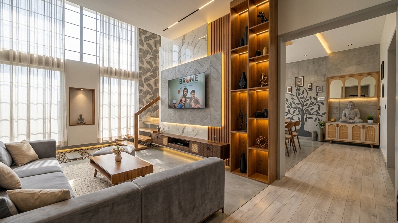 An incredibly lifelike, richly detailed, photorealistic wide-angle interior shot of a double-height open-concept living room set in a stylish modern residence. The scene is illuminated by crisp midday light filtering through soaring translucent sheer drapes alongside warm, glowing LED ambient backlighting, creating a sophisticated and nostalgic space-age atmosphere. Captured with a professional full-frame camera using a 24mm tilt-shift lens, emphasizing the rich warm oak wood grains, tactile grey chevron wall paneling, smooth marble slabs, and soft velvet upholstery. 

In the foreground, a sleek mid-century inspired L-shaped grey sectional sofa adorned with beige cushions sits anchored by a minimalist wooden coffee table and textured area rug. Beyond, the central entertainment feature wall commands attention with its geometric chevron tile paneling framed by ambient golden light strips and back-lit marble surfaces. To the right, a custom floor-to-ceiling wooden display bookcase showcases curated sculptures illuminated by warm linear lighting. An arched doorway leads into an adjacent room featuring a stylized tree decal on concrete-finish walls, mid-century dining furniture, and a tranquil shrine console topped with a Buddha statue, seamlessly blending modern luxury with retro-futuristic geometric design and serene indoor accent elements.