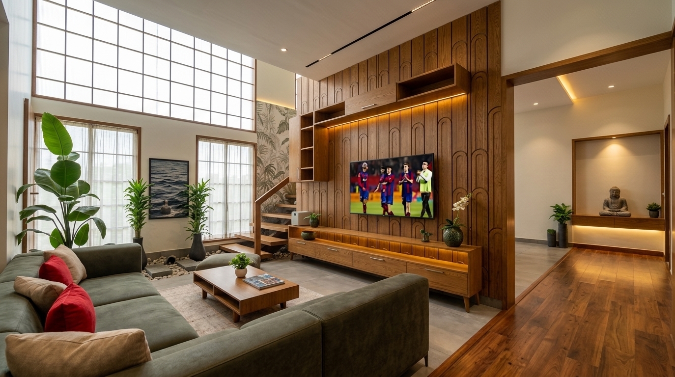 An incredibly lifelike, richly detailed, photorealistic wide-angle interior shot of a double-height living room set in a contemporary mid-century modern home. The scene is illuminated by bright midday light filtering through soaring translucent glass windows along with subtle ambient LED strip lighting, creating a tranquil yet nostalgically futuristic atmosphere. Captured with a 24mm architectural tilt-shift lens, emphasizing the rich geometric textures, warm timber finishes, and sleek metallic accents throughout the space. At the heart of the room, a deep olive-gray sectional sofa adorned with pops of bold red and beige pillows frames a streamlined mid-century coffee table on smooth floor tiles. Opposite, a dramatic feature wall lined with textured arch-patterned paneling hosts a mounted television and custom floating oak cabinets with integrated under-shelf glow. Tall indoor plants bring natural vibrancy alongside a serene stone-lined niche, while a broad wood-trimmed portal opens to an adjoining corridor with warm hardwood flooring and an illuminated sanctuary display, seamlessly blending space-age geometric elegance with peaceful modern living.