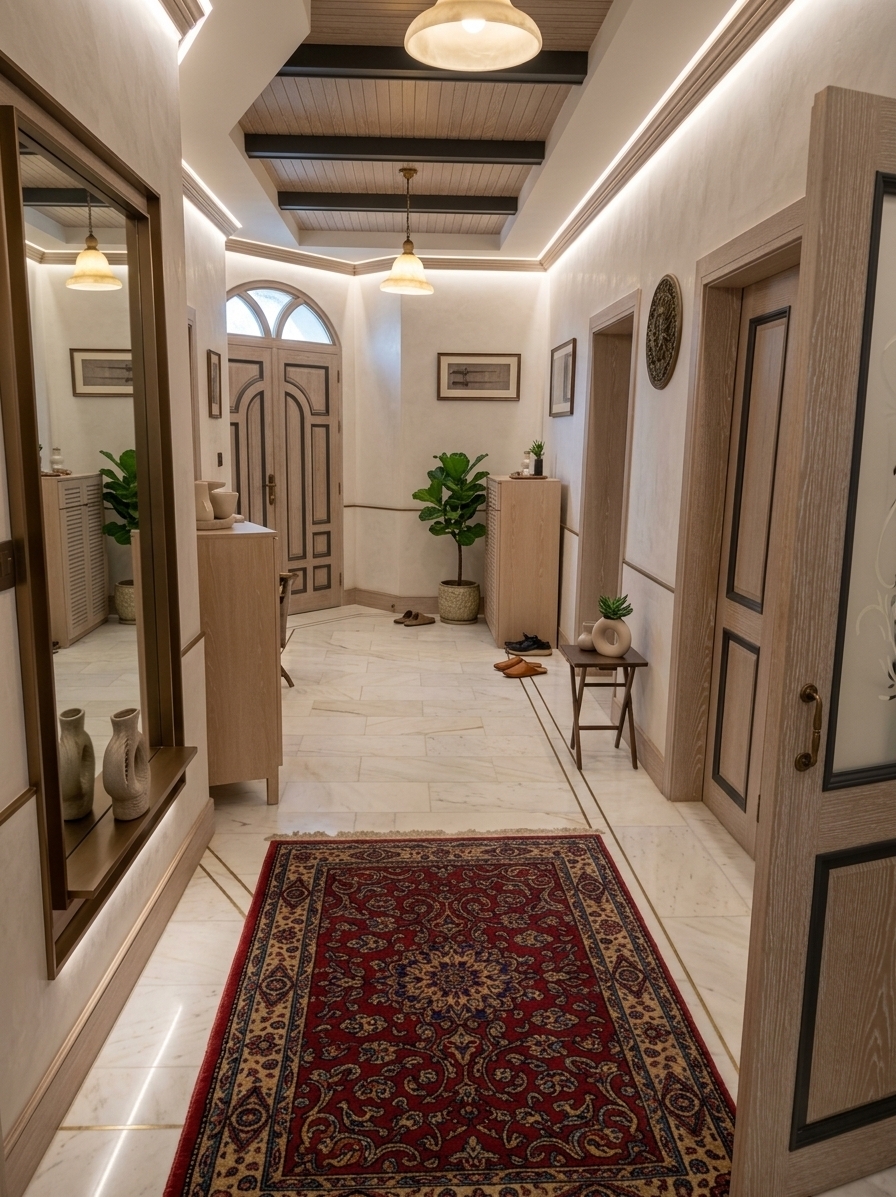 An incredibly lifelike, richly detailed, photorealistic wide-angle interior shot of a grand boutique hotel lobby corridor set in an upscale urban retreat. The scene is illuminated by soft concealed architectural cove lighting, warm glowing alabaster globe pendants, and understated floor uplights, creating a serene, sophisticated, and deeply welcoming atmosphere. Captured with a 24mm tilt-shift lens on a full-frame camera, emphasizing the tactile grain of bleached timber, velvety Venetian plaster walls, and smooth polished stone reflections. Embracing contemporary elegance, all original dark wooden doors, frames, and ceiling beams are reimagined in a striking light cerused white oak finish paired with refined matte charcoal accents. The hallway floor transitions from old tiled marble into continuous polished off-white Calacatta marble slabs punctuated by thin brass inlay lines, giving the spatial layout a fluid, expansive balance. On the left wall, the heavy carved mirror frame is replaced with a sleek, minimalist bronze-trimmed mirror panel that enhances light and depth, while a floating light-oak console table holds a curated arrangement of sculptural ceramic vases and a lush, potted statement plant. Archways are smoothed into tall, clean-lined architectural portals, and functional areas are neatly organized with custom flush-built millwork, creating a perfectly balanced, harmonious environment that seamlessly blends high-end hospitality with serene modern aesthetics.