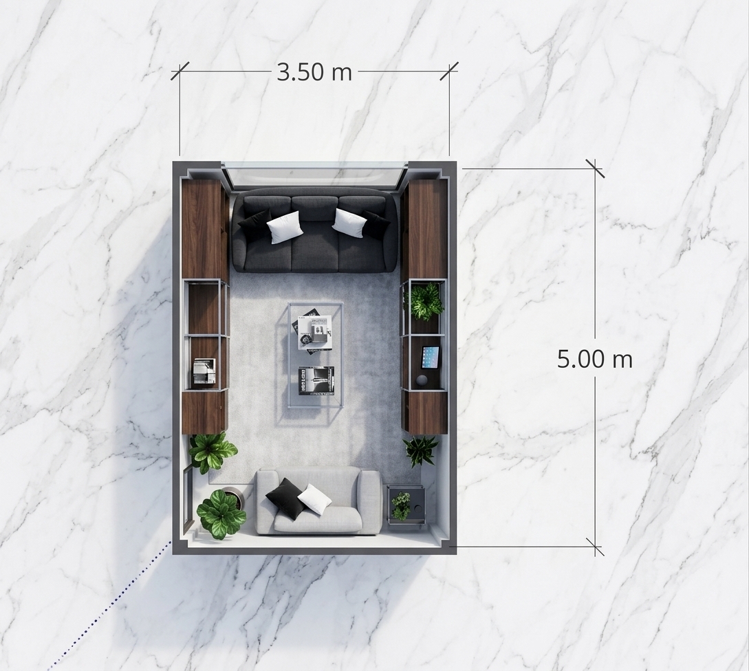 An incredibly lifelike, richly detailed, photorealistic top-down floorplan photograph of a modern fusion study room set in a contemporary urban home. The scene is illuminated by bright, direct summer midday light streaming evenly from above, creating a sleek, clean, and dynamic atmosphere. Captured with a high-resolution architectural camera setup, emphasizing smooth white veined marble flooring, rich dark-stained wooden cabinetry, and polished metallic accents. A deep charcoal three-seater sofa adorned with black and white throw pillows anchors the upper end of the 3.50m by 5.00m layout, flanked by modular, geometric dark wood built-in shelving lining both side walls. In the center, a minimalist glass and metal coffee table neatly displays photography books, while a soft light-gray loveseat faces inward from the bottom. Lush green indoor plants placed strategically in the corners inject vibrant natural energy into the sophisticated palette of black, white, and charcoal grey, completing this open-concept, perfectly balanced sanctuary.