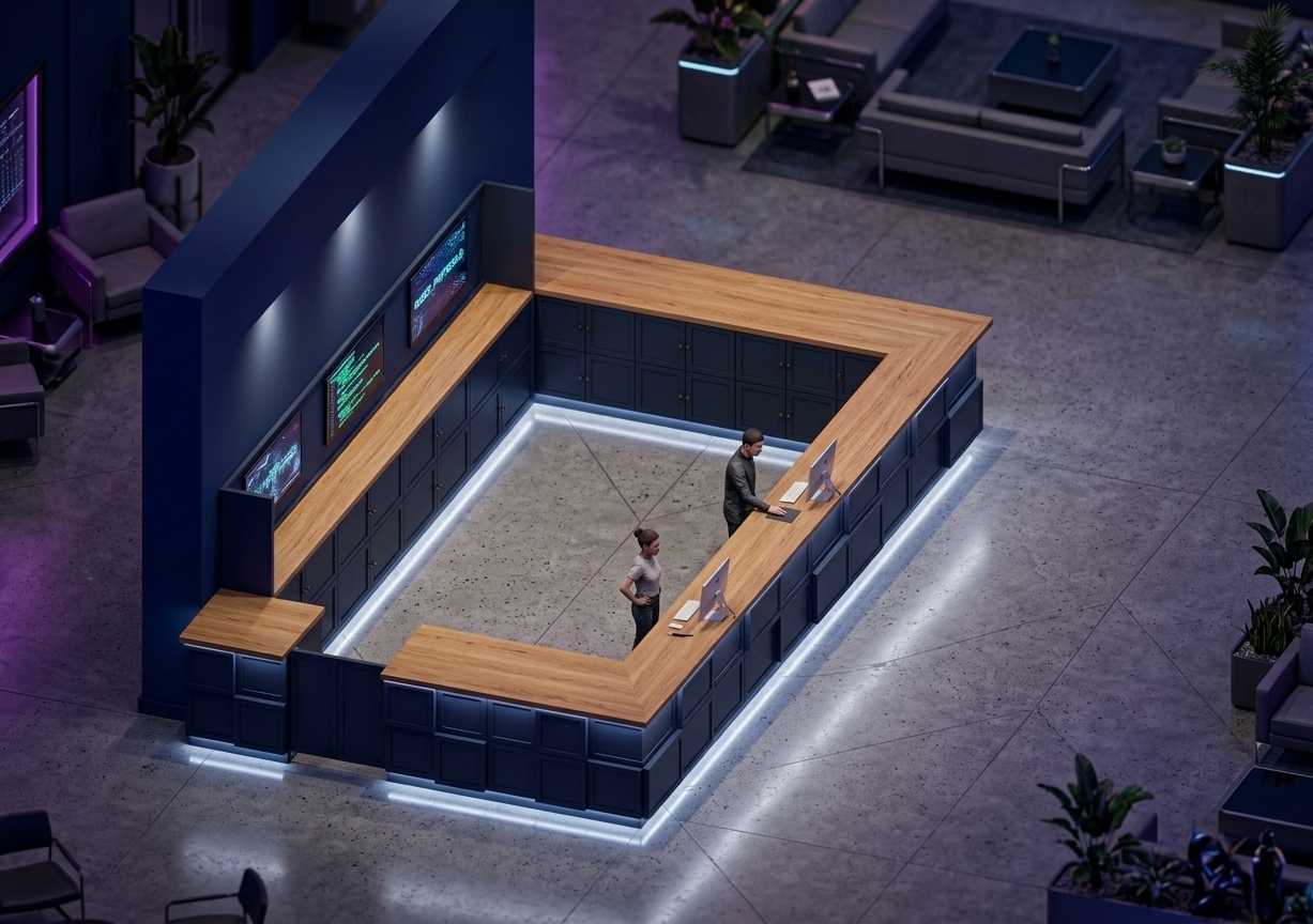 An incredibly lifelike, richly detailed, photorealistic high-angle isometric view of a custom reception desk island set in a cyber eclectic fusion hotel lobby. The scene is illuminated by crisp LED perimeter toe-kick lighting, subtle neon ambient accents, and soft overhead architectural spotlights, creating a sophisticated, high-tech atmosphere. Captured with a tilt-shift 50mm lens on a full-frame camera, emphasizing the rich natural grain of the warm oak countertops, matte deep-navy paneled joinery, and polished industrial concrete flooring. 

The modular service counter surrounds a dedicated workspace equipped with modern computers and active staff. Along the tall, deep-blue back wall, three integrated flat-screen TVs glow brightly, displaying sleek digital text, neon code lines, and guest information, cleanly replacing traditional wall molding. The back counter unit maintains a streamlined profile, omitting under-shelf LED strips to create a refined shadow recess beneath the upper ledge, while crisp white lighting along the floor base floats the entire structure within the expansive lobby space.