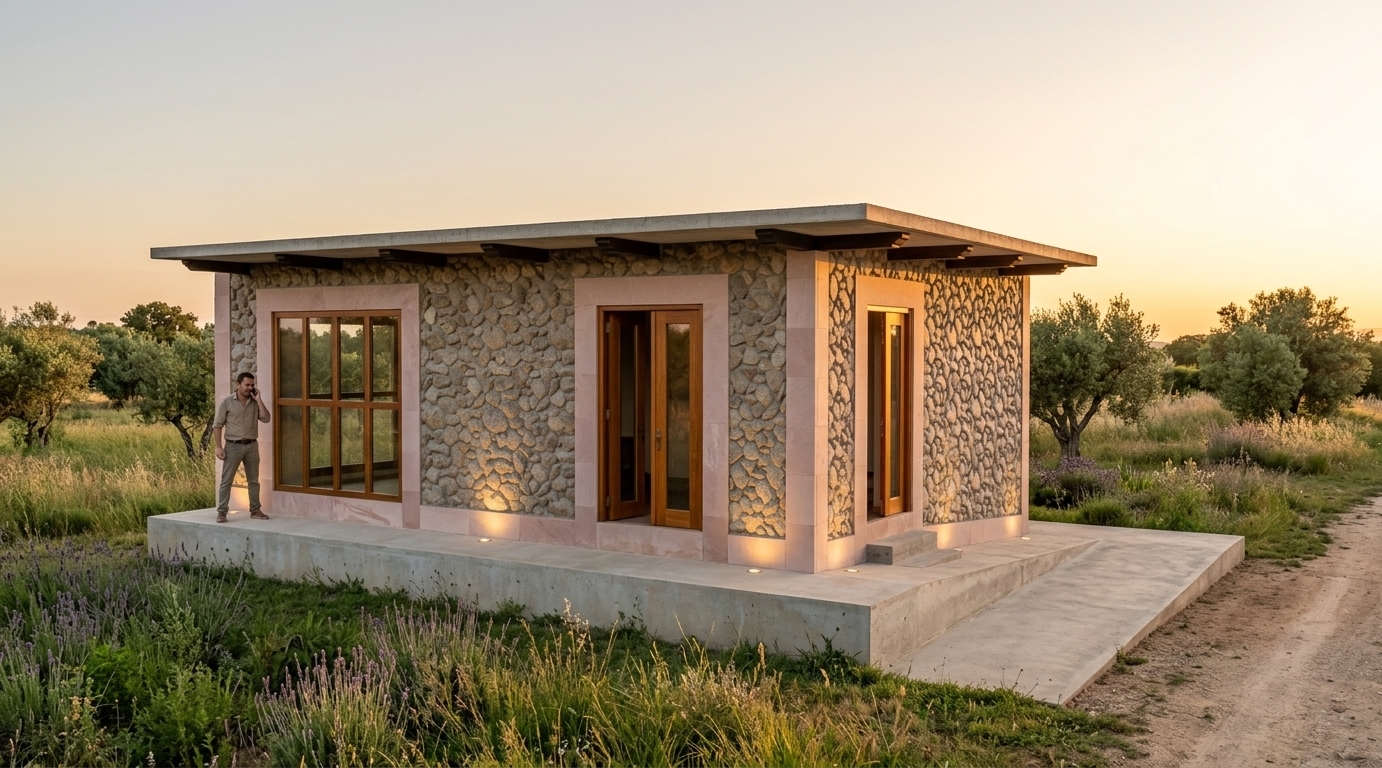 An incredibly lifelike, richly detailed, photorealistic wide eye-level architectural shot of a single-story rustic residence facade set in a peaceful countryside setting. The scene is illuminated by the golden, warm glow of a setting sun, complemented by sleek ground-recessed spotlights embedded along the smooth concrete sidewalk that cast subtle upward light across the building's exterior, creating an inviting, serene French country charm atmosphere. Captured with a professional 35mm architectural lens, emphasizing the tactile texture of the natural exposed river stone masonry, the smooth, soft pastel tones of the pink slate (laja rosa) framing the entryway and windows, polished warm wooden double doors, and the rustic warmth of dark timber beams extending underneath the flat concrete roof slab.