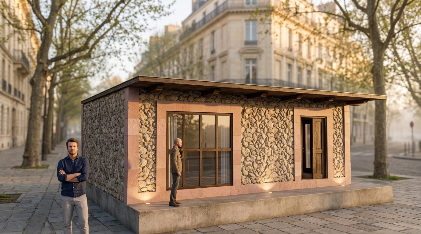 An incredibly lifelike, richly detailed, photorealistic eye-level architectural photo of a single-story residence facade set in a quiet urban neighborhood. The scene is illuminated by the soft, golden glow of an early morning sunrise, creating a serene and warm French country charm atmosphere. Captured with a 35mm tilt-shift architectural lens, emphasizing the tactile contrast of rough, exposed cobblestone masonry walls against smooth, elegant pink slate (*laja rosa*) framing the dark wooden window shutters and main entrance door. Warm in-ground LED spotlights built into the concrete sidewalk cast delicate upward accents along the base, while dark-stained exposed timber rafters support an overhanging roof soffit, adding rich depth, shadows, and authentic character to the home's refined rustic exterior.