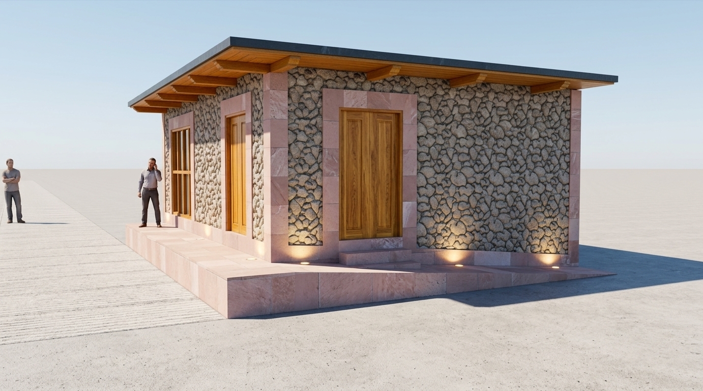 An incredibly lifelike, richly detailed, photorealistic wide-angle exterior photo of a charming single-story house facade set in a pristine urban environment. The scene is illuminated by bright, direct midday sunlight that casts crisp, defined shadows beneath the roof overhang, creating a warm, rustic, and inviting atmosphere. Captured with a professional 35mm architectural lens, emphasizing the tactile contrast between the rough-hewn exposed river stone wall masonry and the smooth, elegant pink flagstone (*laja rosa*) framing the doors, corner piers, and foundation base.

Rich, honey-toned solid wood double doors display natural grain patterns and a satin finish, serving as focal points along the elevation. Supporting the roof structure, exposed decorative wooden rafters project beneath the sleek, dark slate-finished flat roof slab, lending a touch of French country charm to the modern outline. Integrated warm LED ground lights embedded along the clean concrete sidewalk subtly glow upward, highlighting the foundation's texture. The crisp depth of field and vibrant natural light accentuate every nuance of stone, timber, and masonry, perfectly blending urban polish with country elegance.