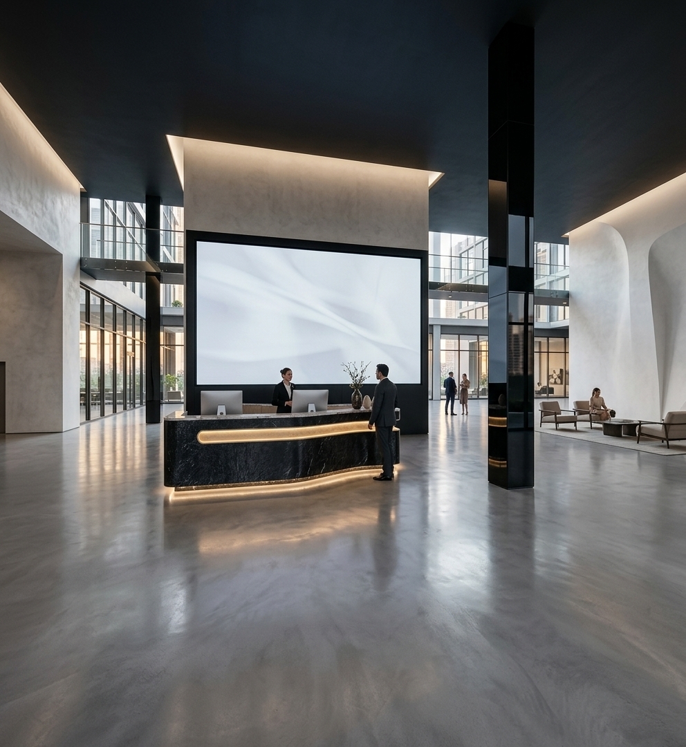An incredibly lifelike, richly detailed, photorealistic wide-angle interior photograph of a grand hotel lobby set in a luxury mixed-use apartment complex. The scene is illuminated by soft, indirect ambient uplighting, warm hidden LED strips beneath the reception desk, and gentle daylight filtering through distant floor-to-ceiling glass facades, creating a serene, sophisticated, and inviting minimalist haven atmosphere. Captured with a professional 24mm architectural lens, emphasizing the seamless polished micro-cement floors, glossy black structural pillars, and sleek textured marble finishes of the reception counter. Elegantly dressed residents and guests effortlessly navigate the vast, open space—some conversing softly in curated modern seating nooks featuring plush, low-slung armchairs and sleek coffee tables, while others check in with the attentive concierge team at the glowing desk. The striking contrast between the deep, dark ceiling and bright, sculptural walls creates an expansive sense of luxury, perfectly balancing grand scale with intimate, refined comfort.